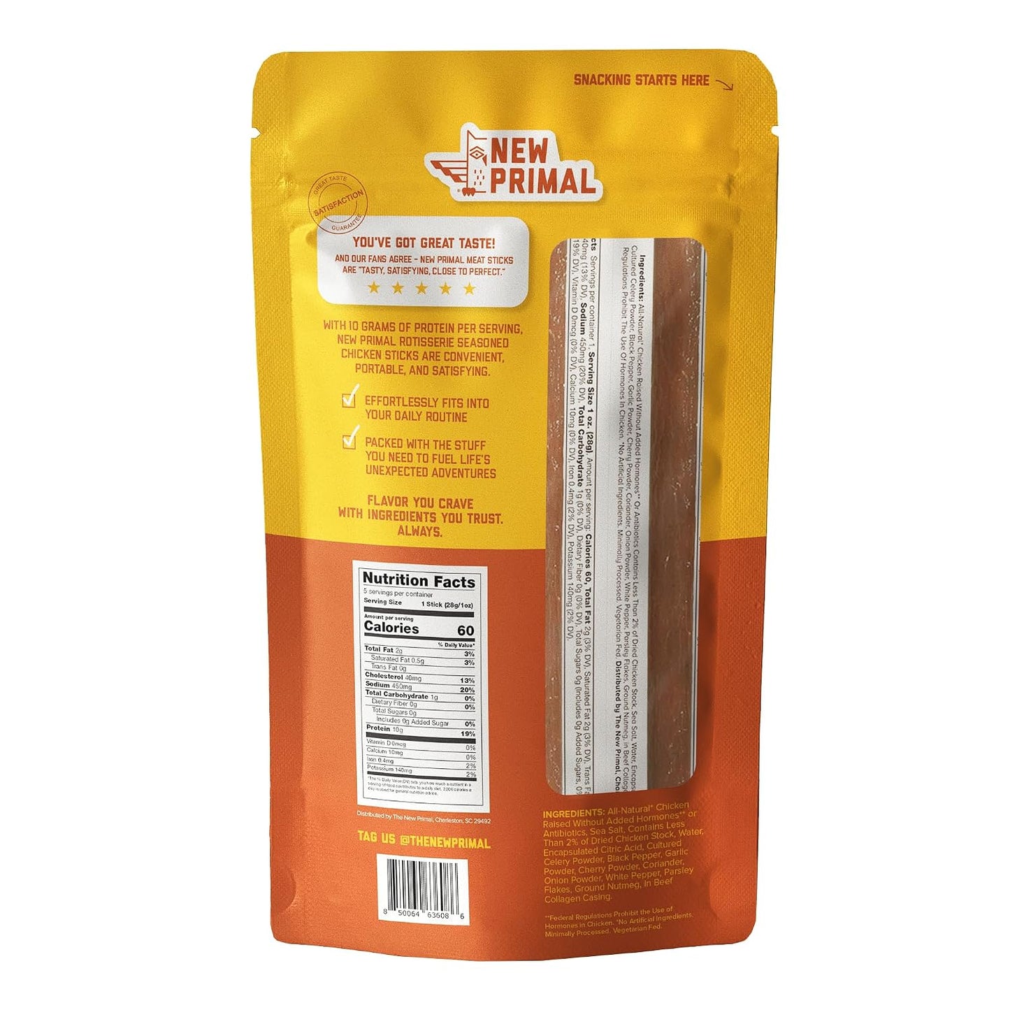 New Primal Rotisserie Chicken Sticks, Zero Sugar, High Protein, Gluten Free, 5 Count