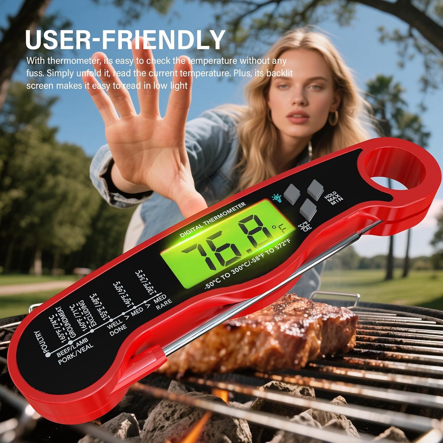 AWLKIM Meat Thermometer Digital, Instant Read Food Thermometer, Red | Waterproof cooking thermometer with doneness chart, backlight, F/C switch for BBQ, candy, oil