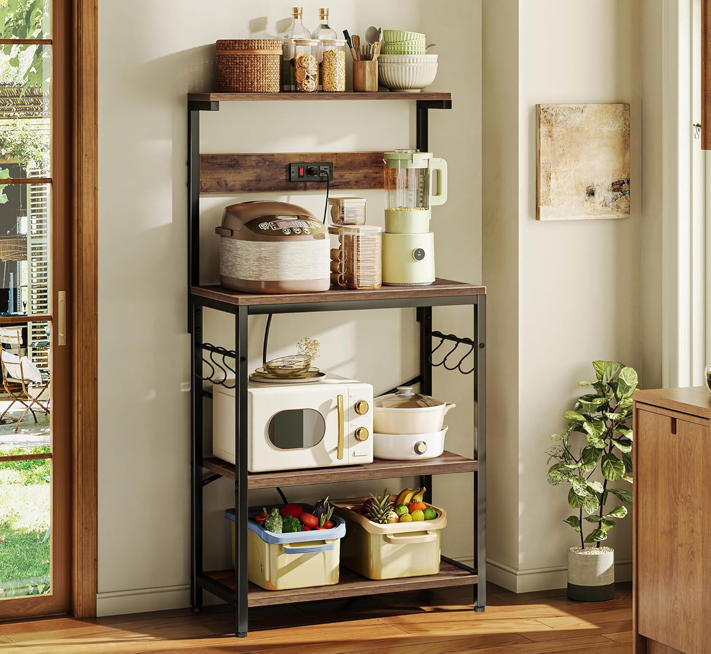 SUPERJARE Kitchen Bakers Rack with Power Outlet, Coffee Bar Table 4 Tiers, Kitchen Microwave Stand with 6 S-shaped Hooks, Storage Shelf Rack for Spices, Pots and Pans - Rustic Brown