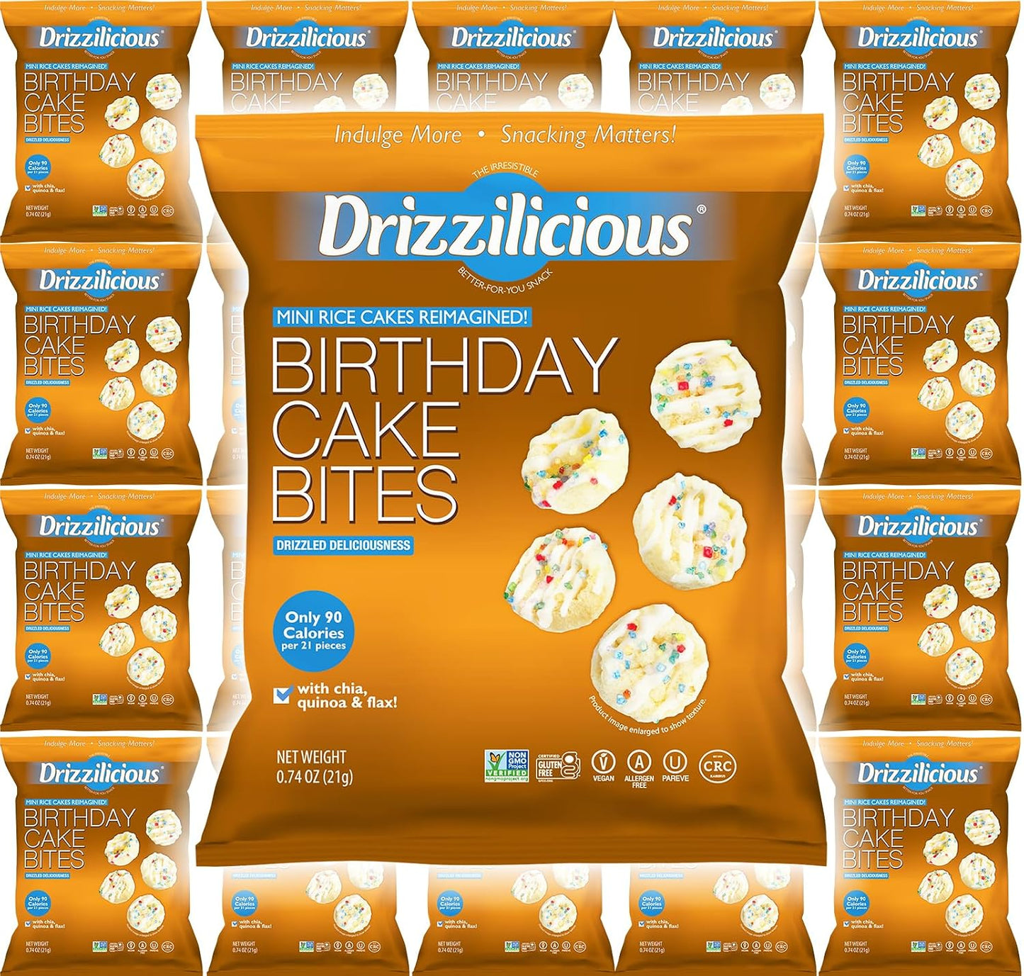Mini flavored rice cakes in birthday cake flavor, 90 calories per bag, vegan and gluten free