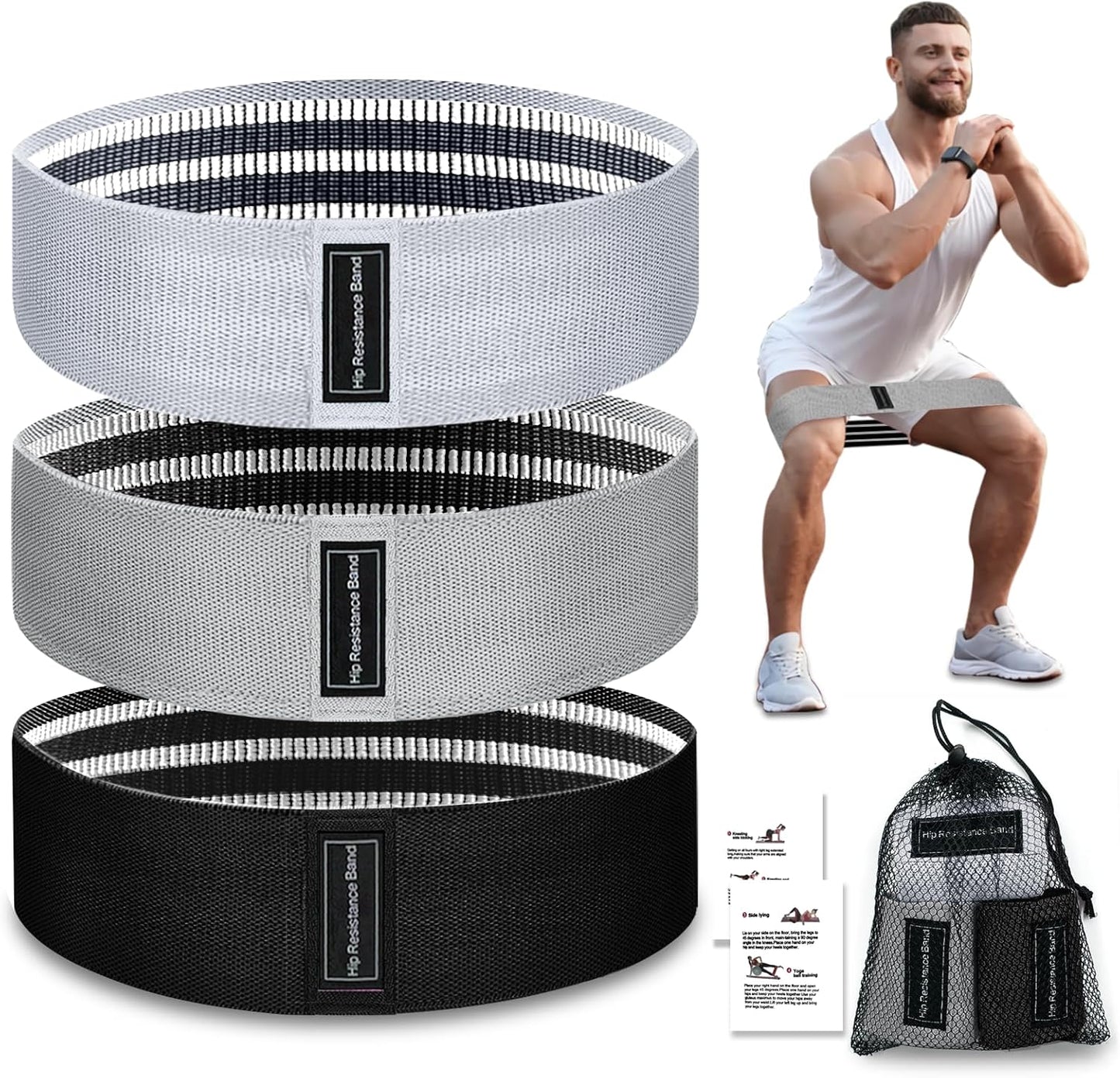 Fabric Resistance Bands, 3 Levels for Workout, Leg Strength Training, Rehab, Yoga