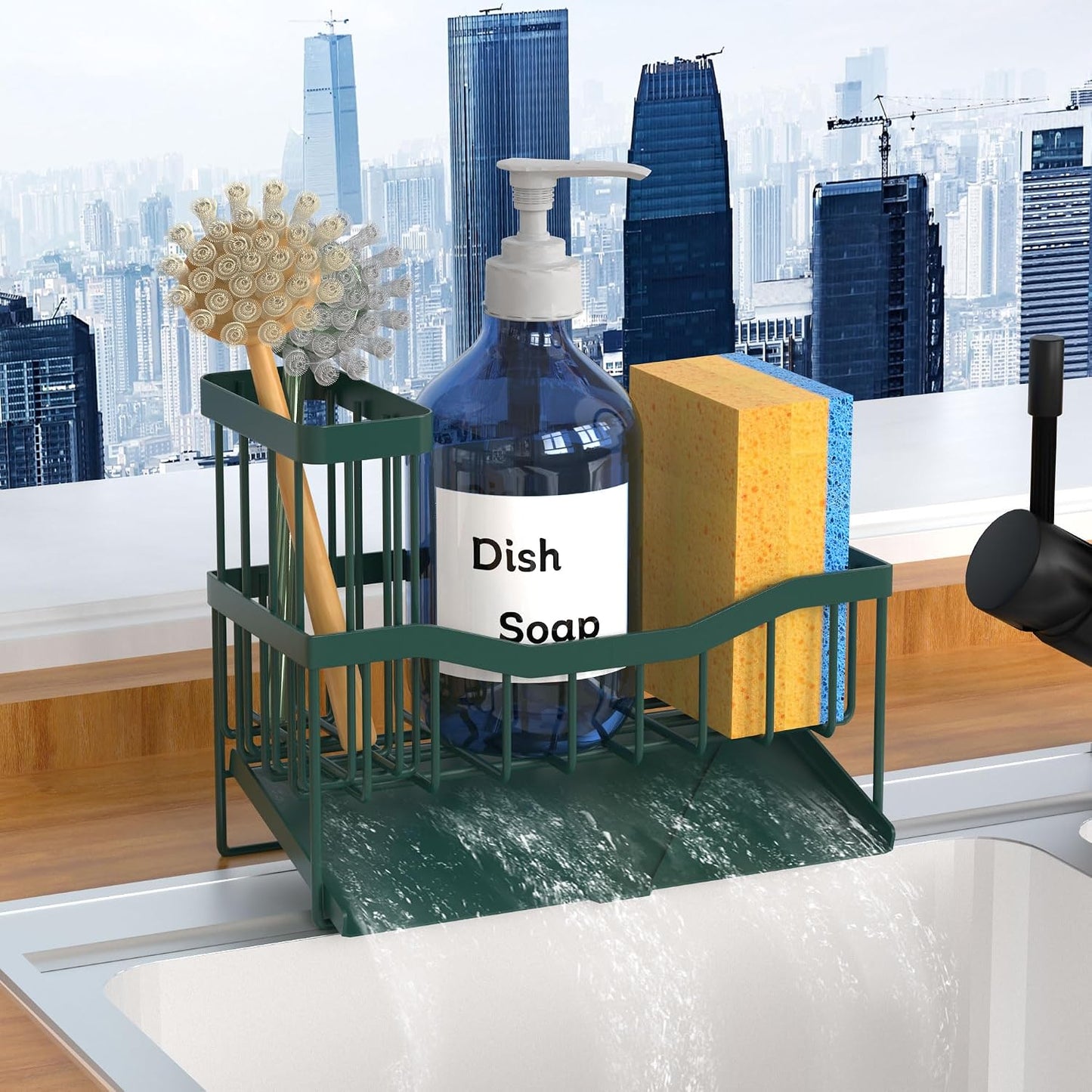 Fssvcd Maifan Sink Caddy Sponge Holder for Kitchen with Brush Holder and Stainless Steel Self Drain Tray, Rustproof Kitchen Sink Organizer for Sponge, Soap Dispenser Storage Accessories