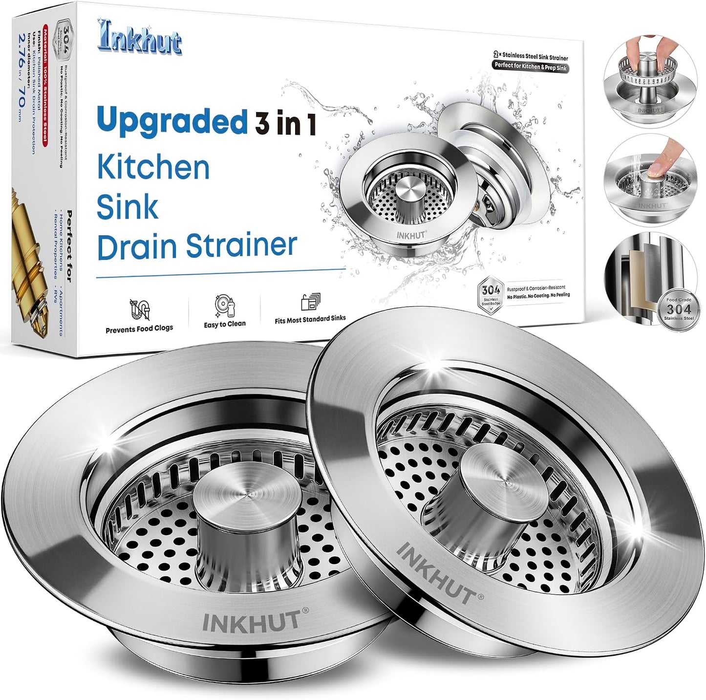 Upgraded 3 in 1 Kitchen Sink Drain Strainer - Stainless Steel Sink Stopper, Anti-Clogging Sink Food Catcher Basket, Fast Drainage Odor Filter Sink Plug for US Standard 3 1/2 inch Drain (Silver-1Pack)