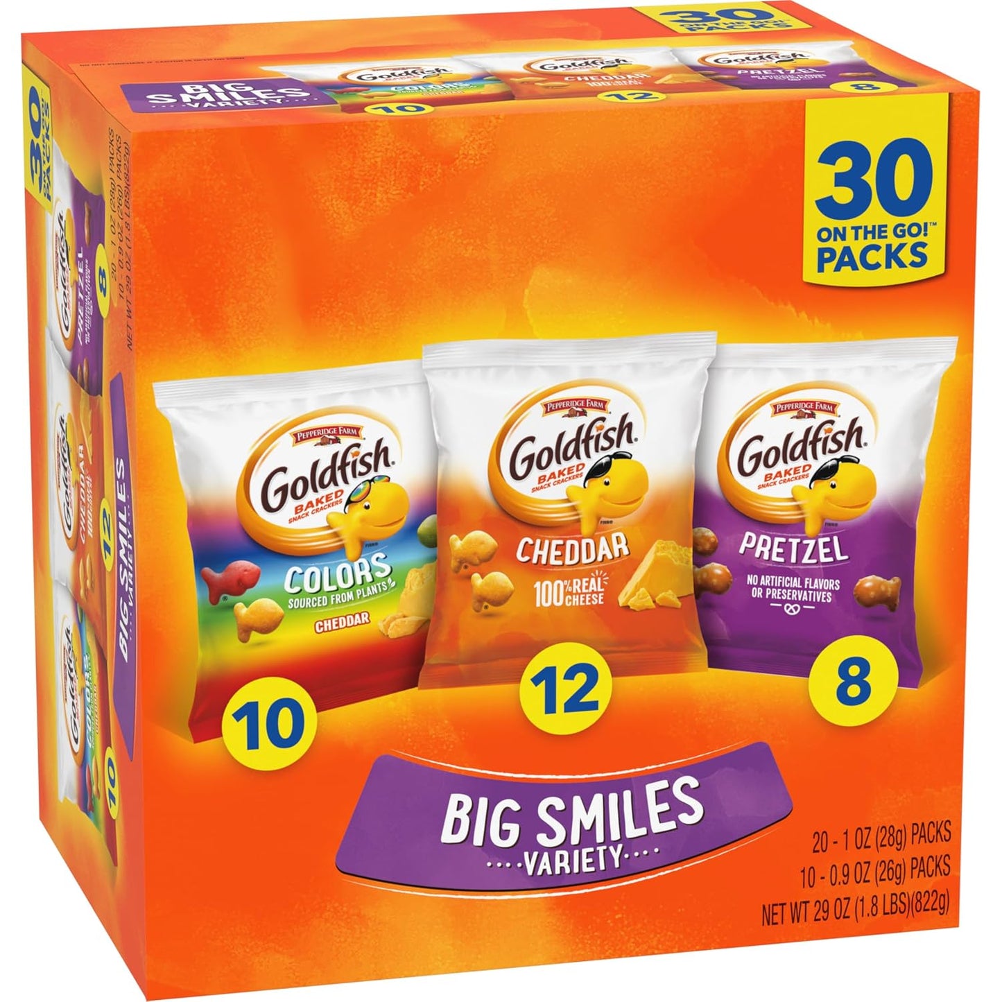 Goldfish Crackers Variety Pack with Cheddar, Colors, and Pretzels, 30 Count