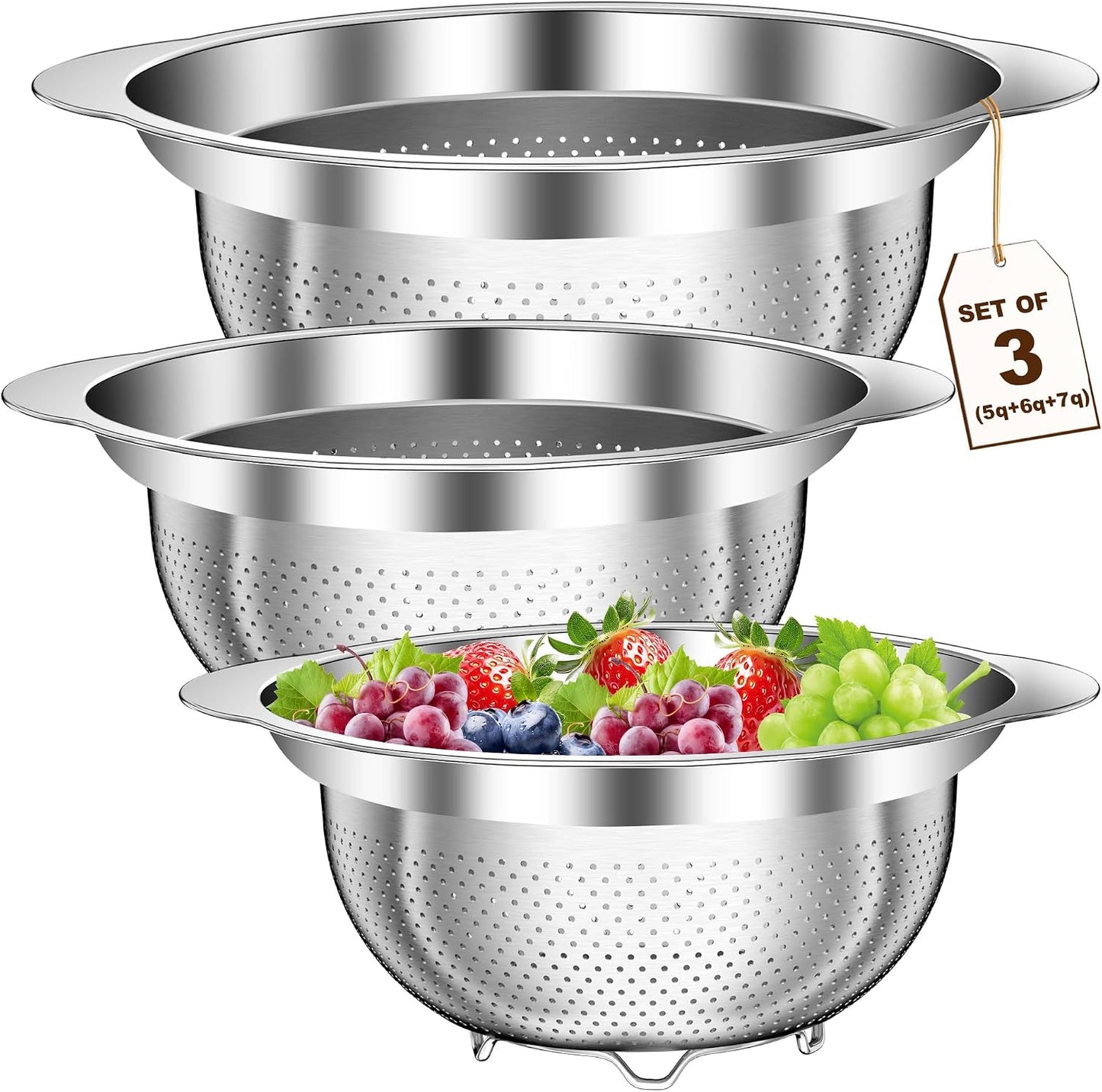 Stainless Steel Colander for Kitchen, Stainless Steel Strainer, Pasta Strainer for Spaghetti Fruit Cooking Food, 3 Pcs Strainers and Colanders(2QT, 3QT, 5QT), Dishwasher Safe, Kitchen Present