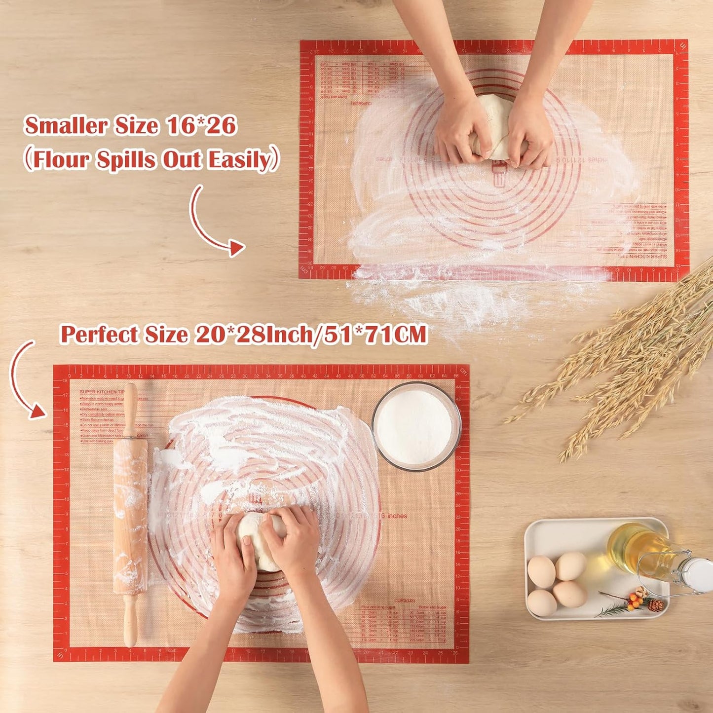 Non-slip Silicone Pastry Mat Extra Large Measurements 28''x 20'' Baking Mat | Silicone Baking Mat Counter Dough Rolling Oven Liner Fondant / Pie Crust Sourdough Bread Supplies - Folksy Super Kitchen Red