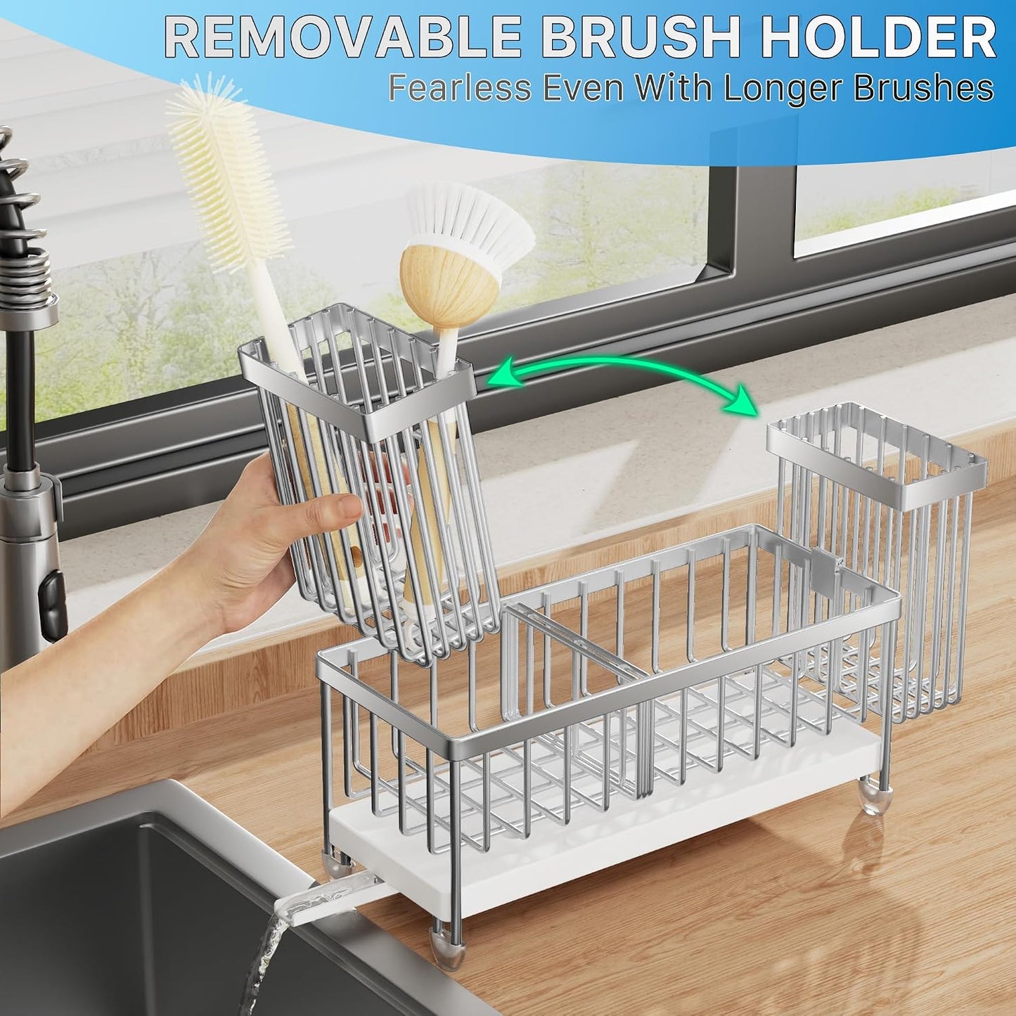 Cisily Sponge Holder for Kitchen Sink, Sink Caddy Organizer with High Brush Holder, Kitchen Countertop Organizers and Storage Essentials, Rustproof 304 Stainless Steel (Silver, 9.25″)