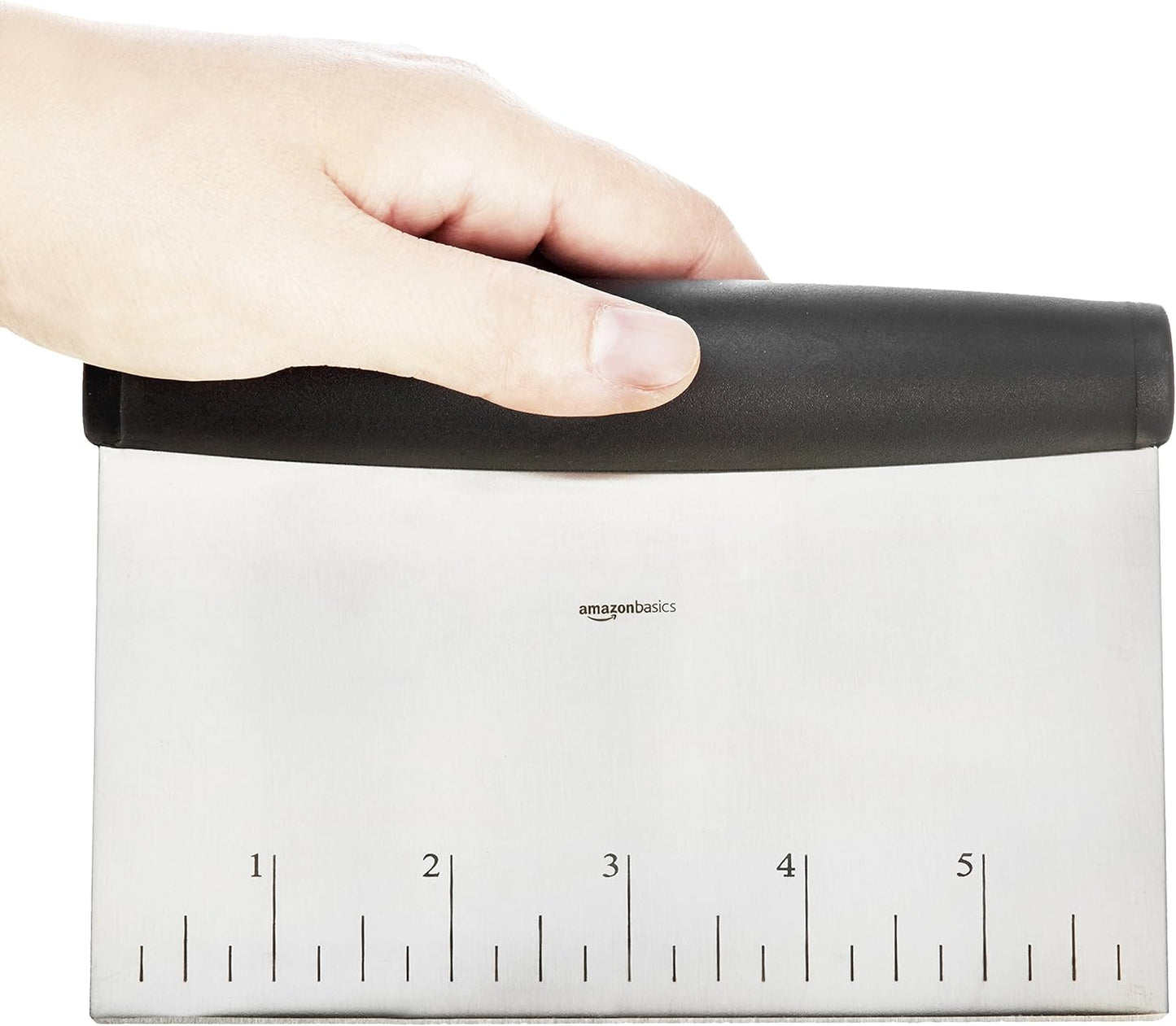 Amazon Basics Multi-Purpose Bench Scraper, Stainless Steel Dough Cutter with Measurement Marks, Dishwasher Safe, Non-slip Contoured Grip, 6", Black, Silver
