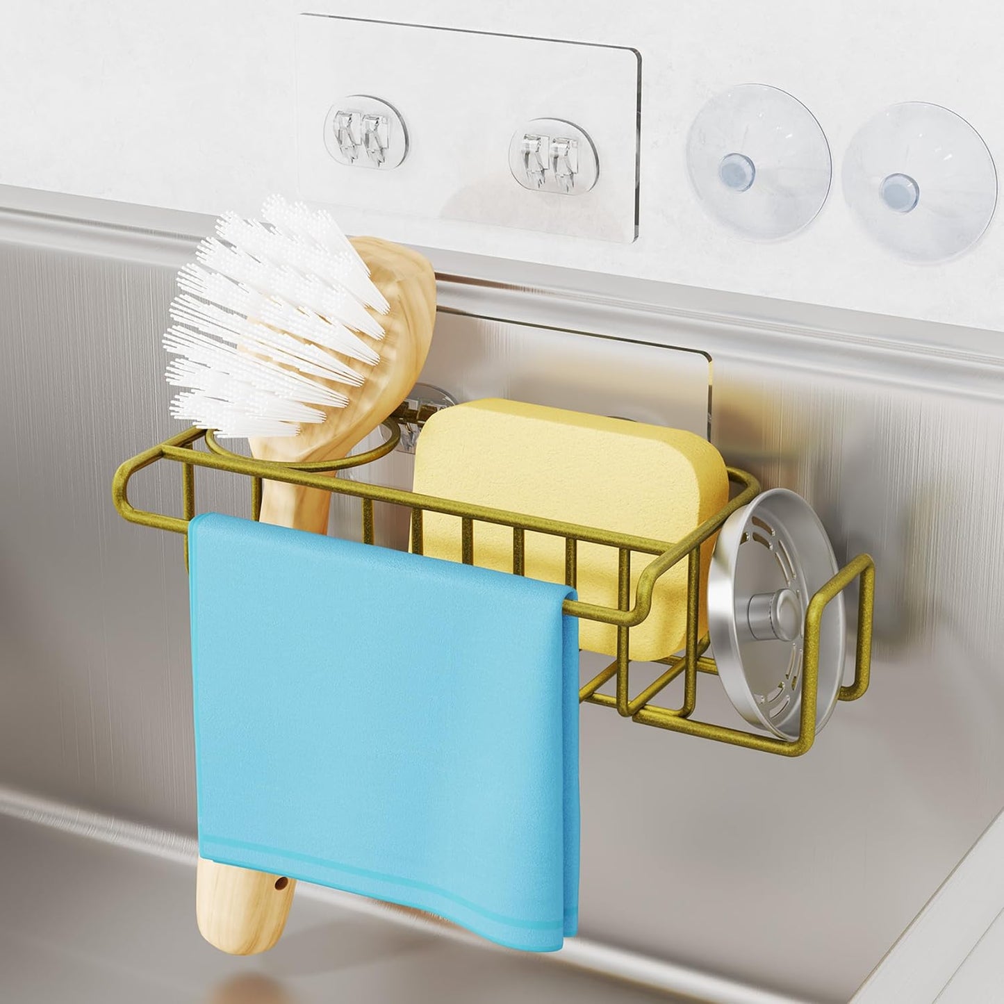 HapiRm 4 in 1 Sink Caddy Sponge Holder, SUS304 Stainless Steel Kitchen Brush Holder and Dish Cloth Hanger, Kitchen Organizers and Storage Essentials - Silver