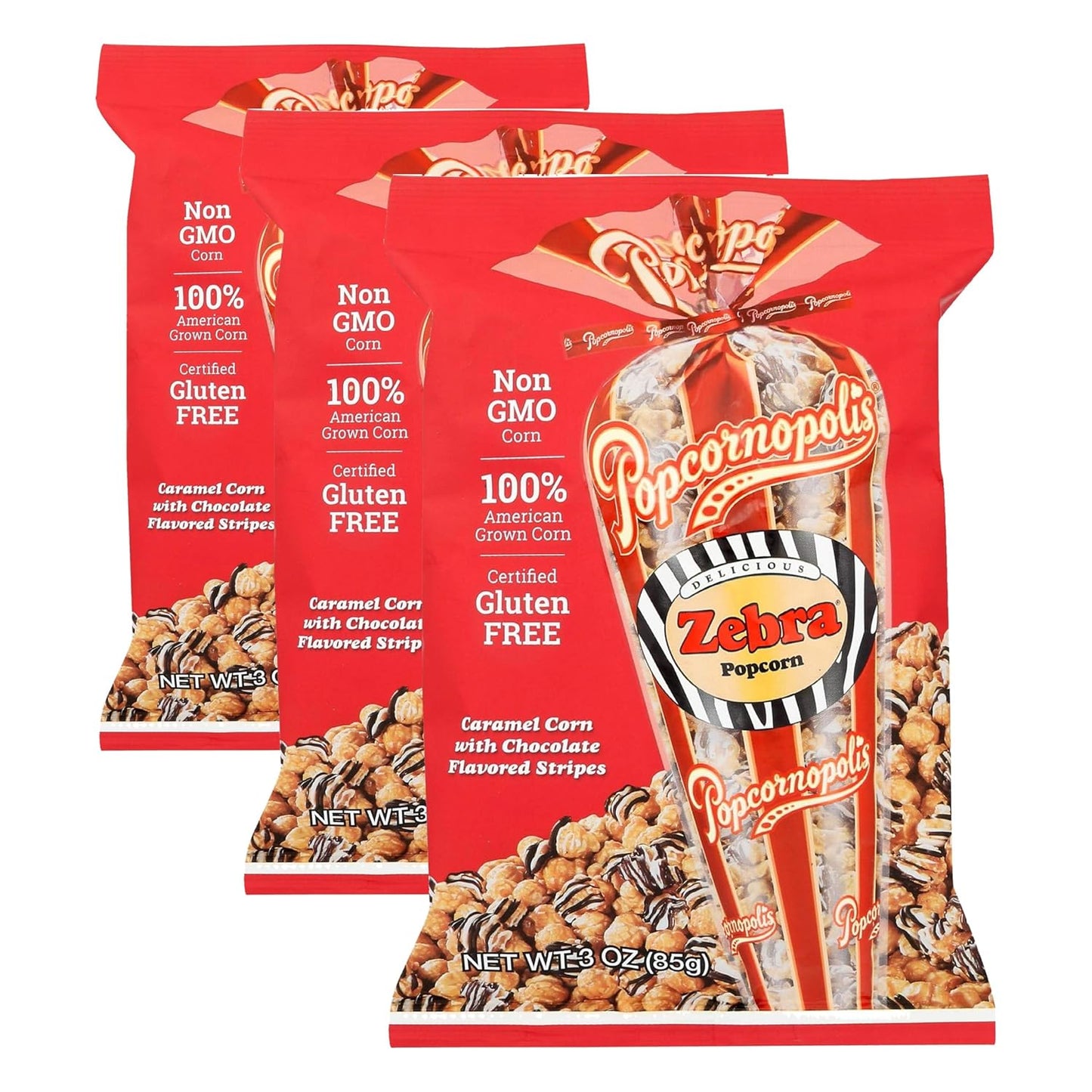 Popcornopolis Zebra Striped Caramel Corn with Confectionery Chocolate 24 Ounce American Grown
