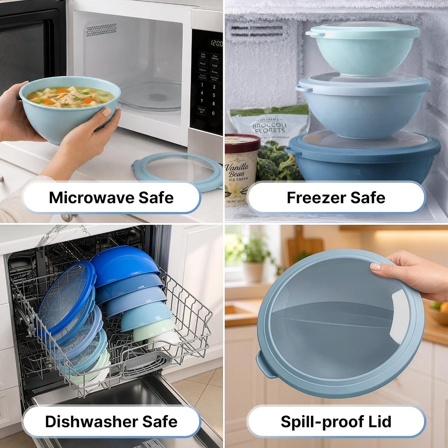 Zulay Kitchen 12 Piece Plastic Mixing Bowls with Lids Set - Leak-Proof Microwave & Freezer Safe Stackable Mixing Bowl Set for Preparing, Serving and Storing - Non-Slip Large Nesting Bowls (Blue Ombre)