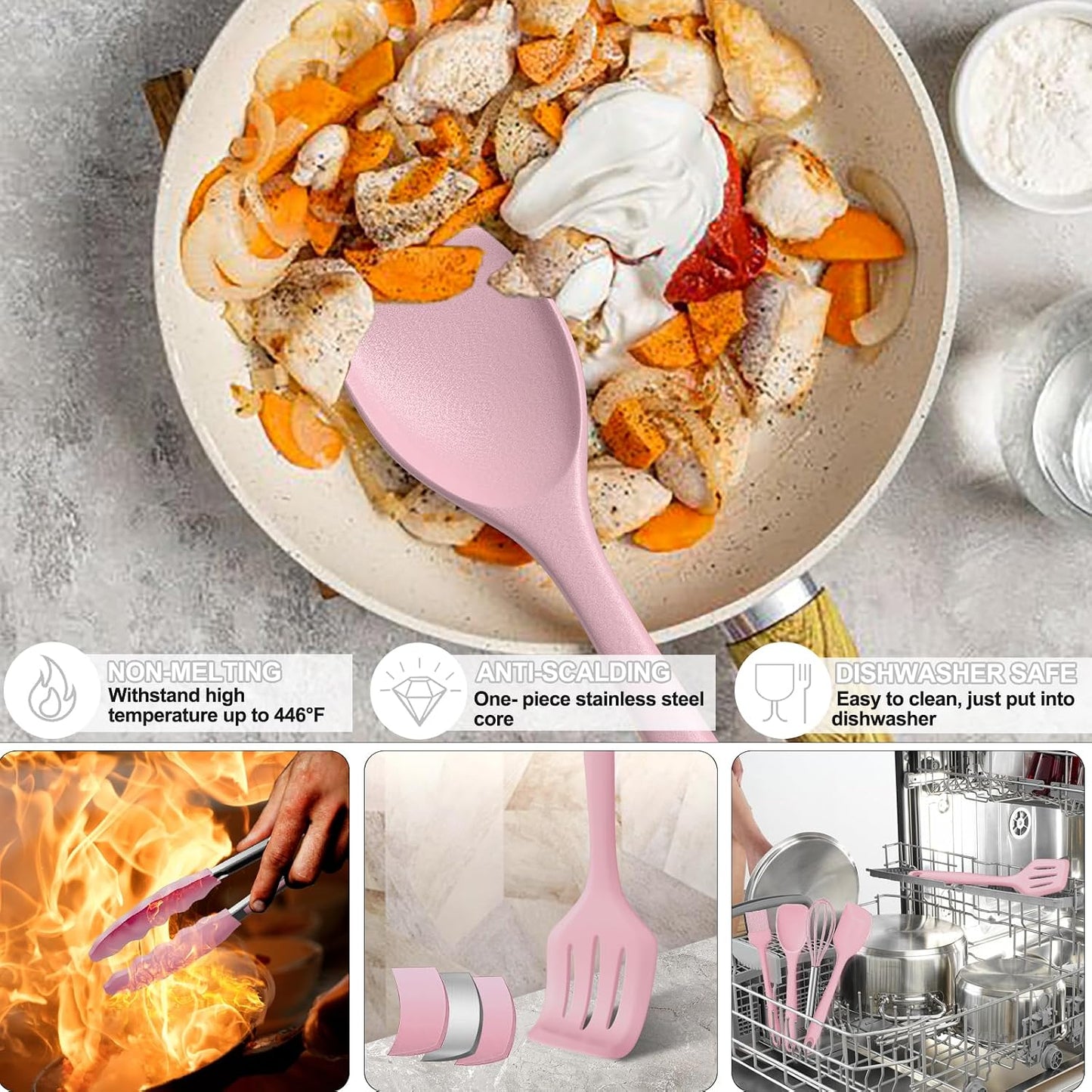 Umite Chef 22-Piece Silicone Cooking Utensils Set, Heat Resistant & Dishwasher Safe Kitchen Tools, Non-Scratch Spatula Set for Nonstick Cookware (Pink)
