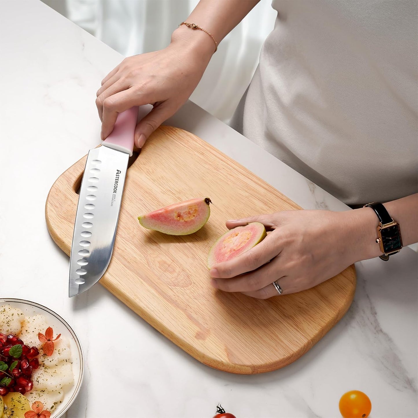 Astercook Knife Set, Kitchen Knives Set with Block and Sharpener 15 Pcs German Stainless Steel Knives Sharp Blade Dishwasher Safe Deba Knives with Ergonomic Handle, Crystal Pink