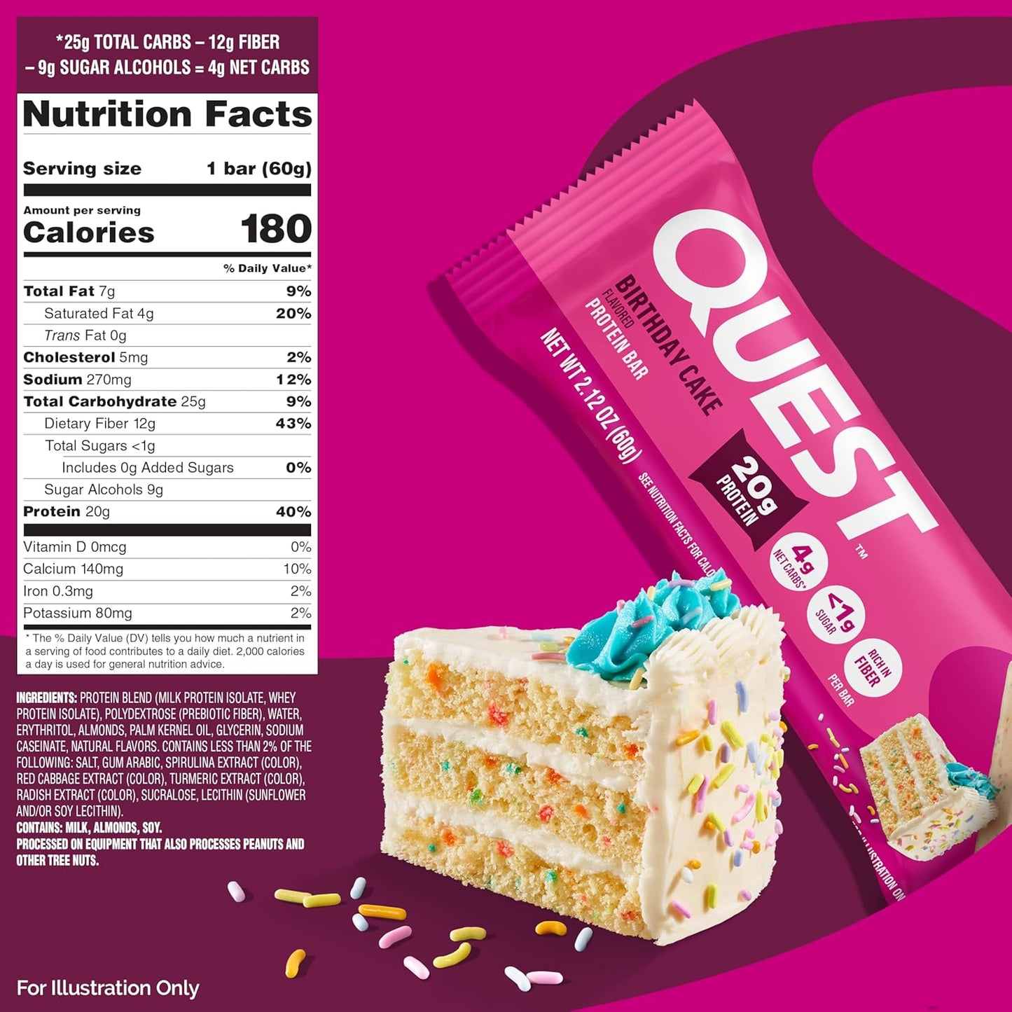 Quest Nutrition Birthday Cake Protein Bars, 20g Protein, 4g net Carbs, Gluten Free, Keto Friendly, 4 Count