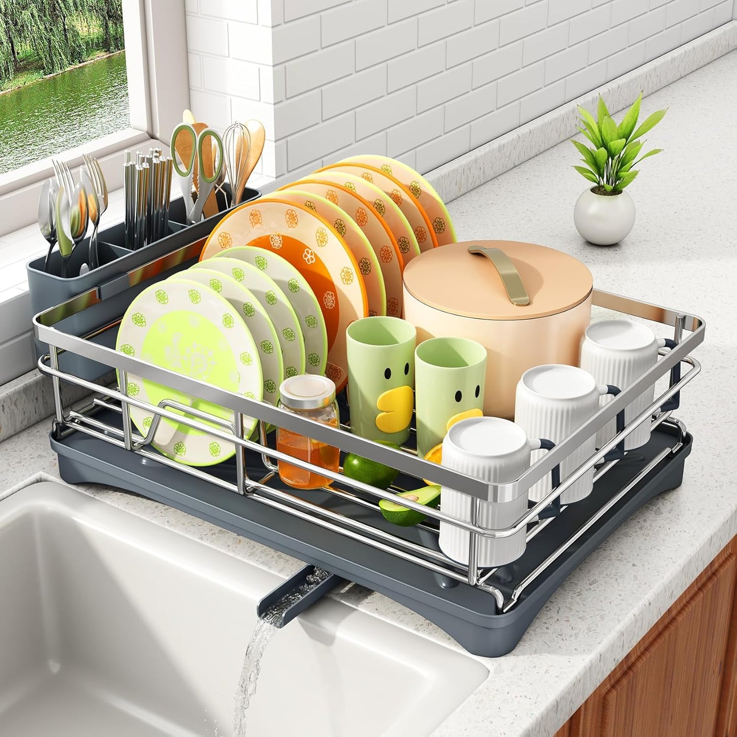 SAYZH Dish Drying Rack for Kitchen Counter with Utensil Holder, Black | Stainless Steel, Large Capacity, Angled Drainboard, Rotating Spout, Removable to Clean