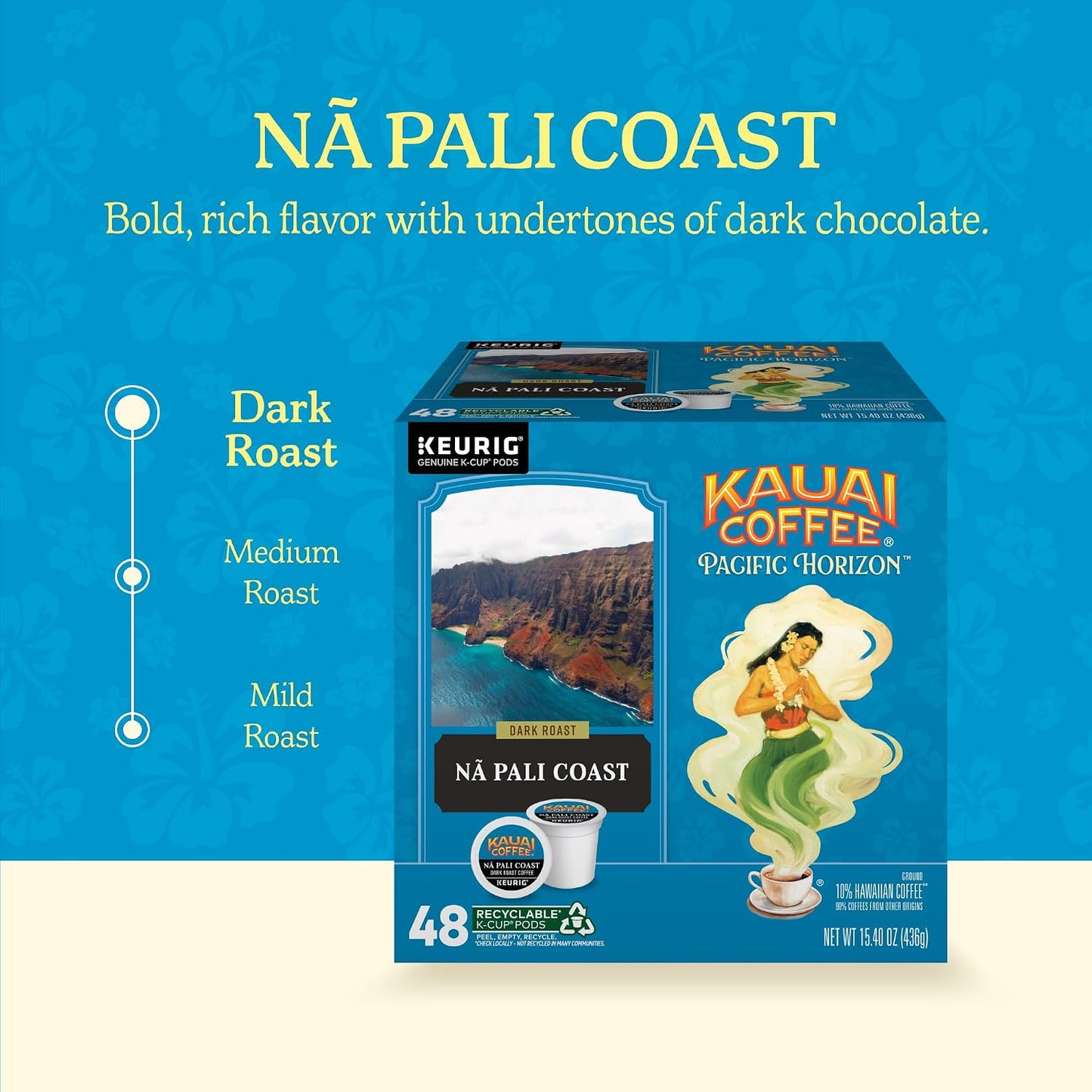 Kauai Coffee K-Cup Pods for Keurig Brewers, Dark Roast, 48 Single Serve Pods