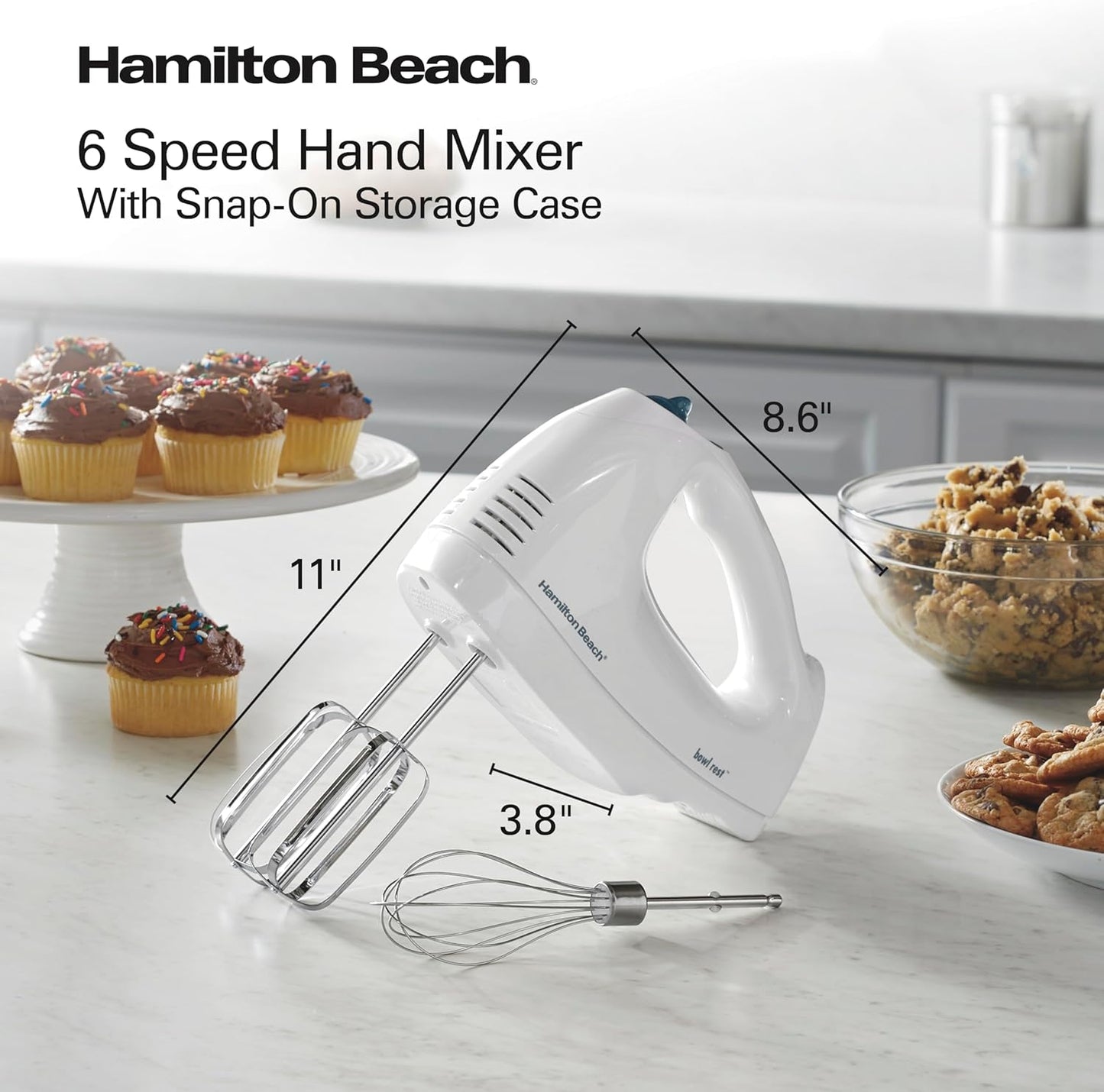 Hamilton Beach 6-Speed Electric Hand Mixer With QuickBurst and Bowl Rest | Powerful 250 Watt Motor | Traditional Beaters | Snap-On Storage Case | White | 62682G