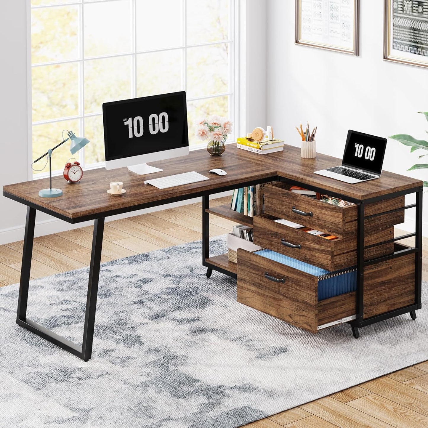 Tribesigns L-Shaped Computer Desk with 3 Drawers, Reversible Corner Home Office Desk with Shelves, 53-Inch Industrial PC Desk Study Writing Table Workstation for Small Space, Rustic Brown