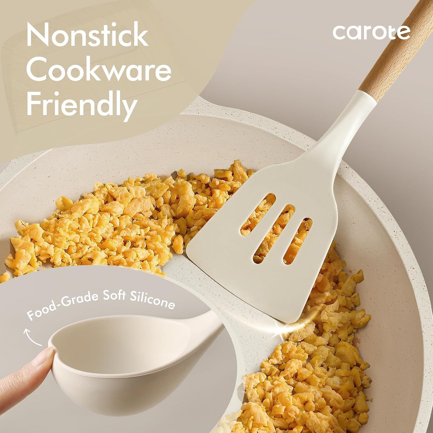 CAROTE 22-Piece Cooking Utensils Set with Wood Cool-Touch Handles, Cream | Silicone Kitchen Utensil, Food Grade, Nonstick Cookware Friendly, BPA-Free, Heat-Resistant, Everyday Home Essentials, Gifts