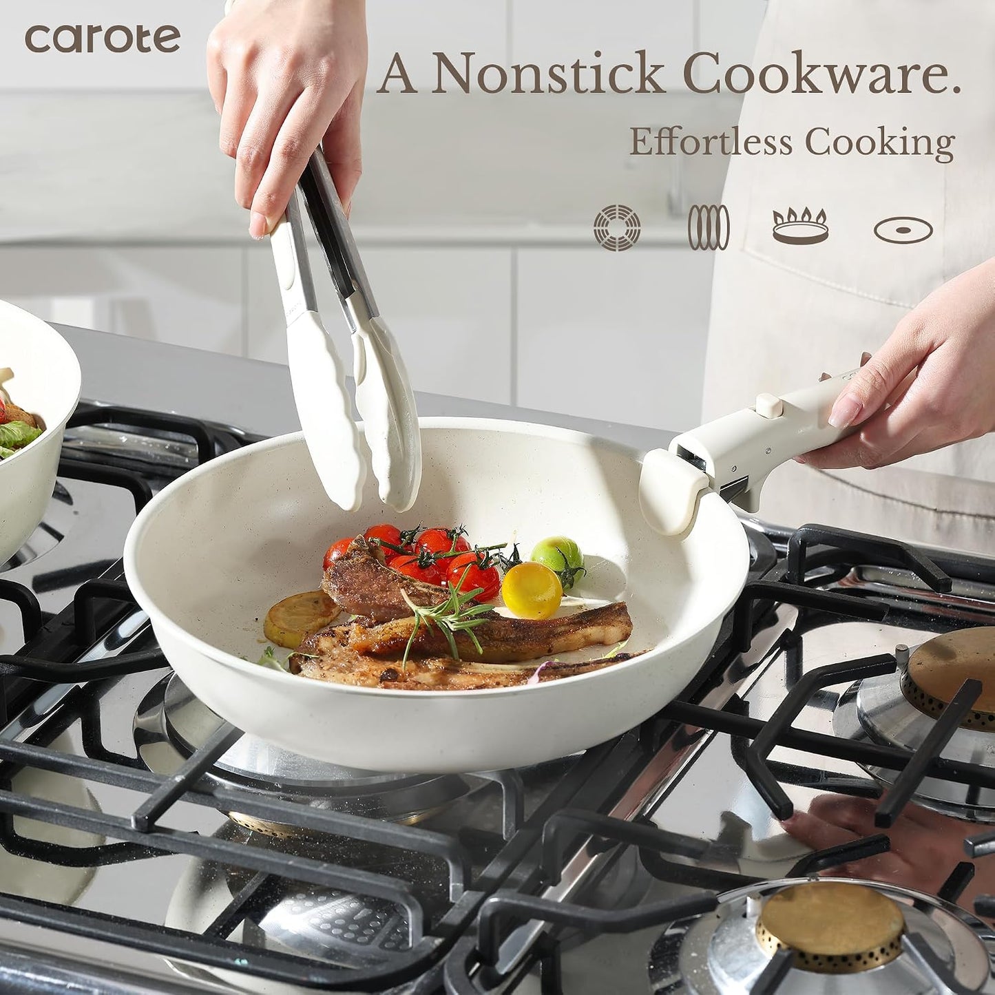 CAROTE 19pcs Pots and Pans Set Non Stick, Detachable Handle Cookware | Kitchen Cooking Sets, Space Saving, Dishwasher & Oven Safe, Non-Toxic, for Camping/RV/Traveling, Cream White