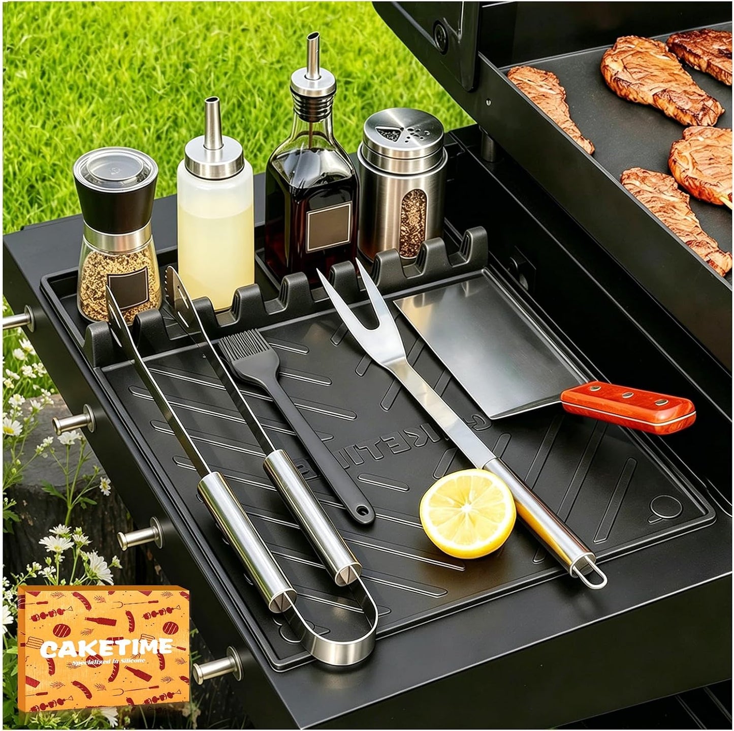 CAKETIME Silicone Grill Mats for Blackstone Griddle Accessories Baking Cooking Kitchen BBQ Must Haves Countertop Weber Traeger Stove Outdoor Camping Lawn Orange Father Dad Chef Men Gifts