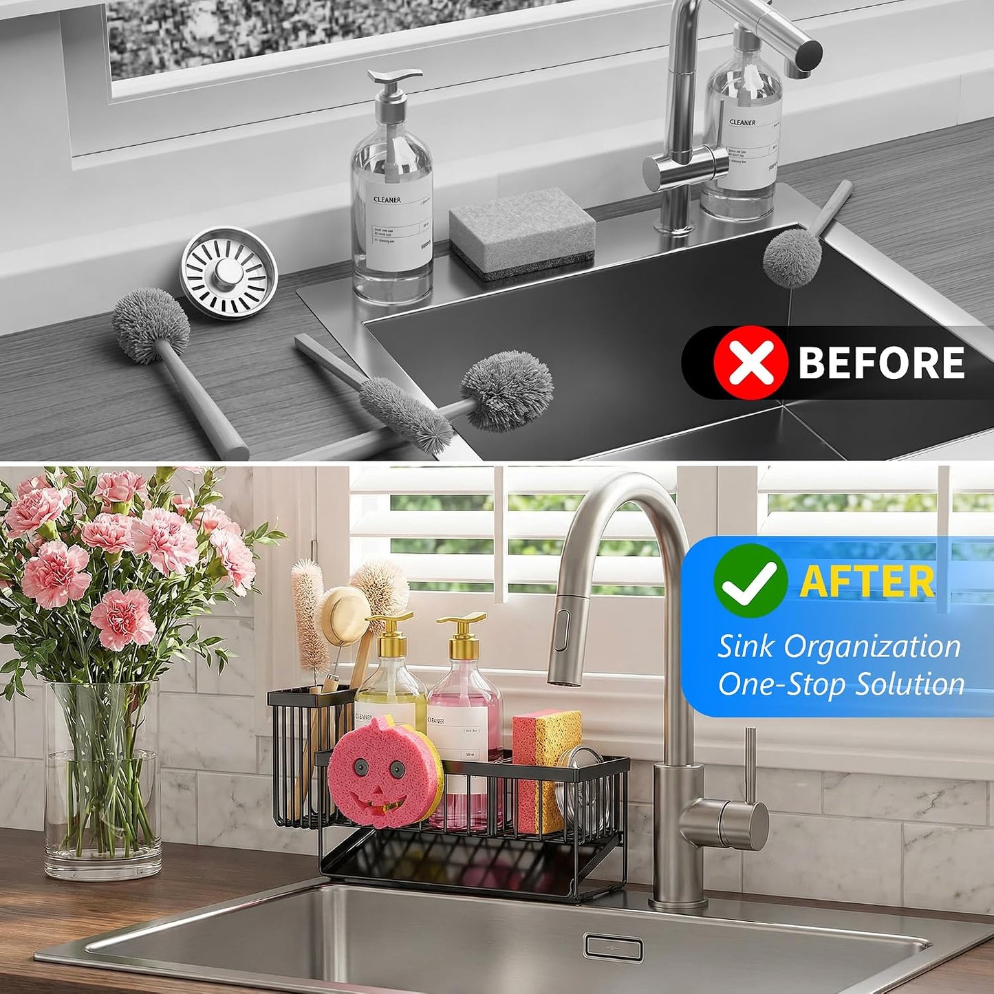 Cisily Sponge Holder for Kitchen Sink, Smiley Face Sink Caddy with Removable Brush Holder,Self-Draining Sponge Caddy for Sponge,Soap,Dish Brush,Scrubber,Kitchen Essentials and Gadgets