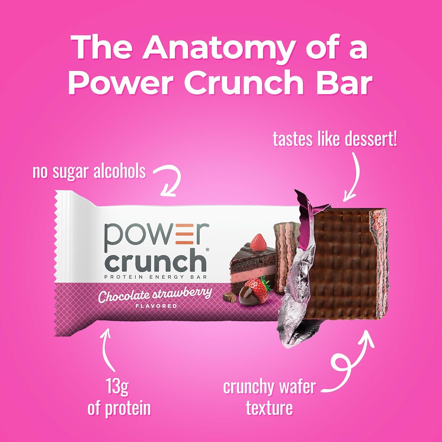 Power Crunch Protein Energy Wafer Bars, Chocolate Strawberry, 1.4 Ounce, 12 Count
