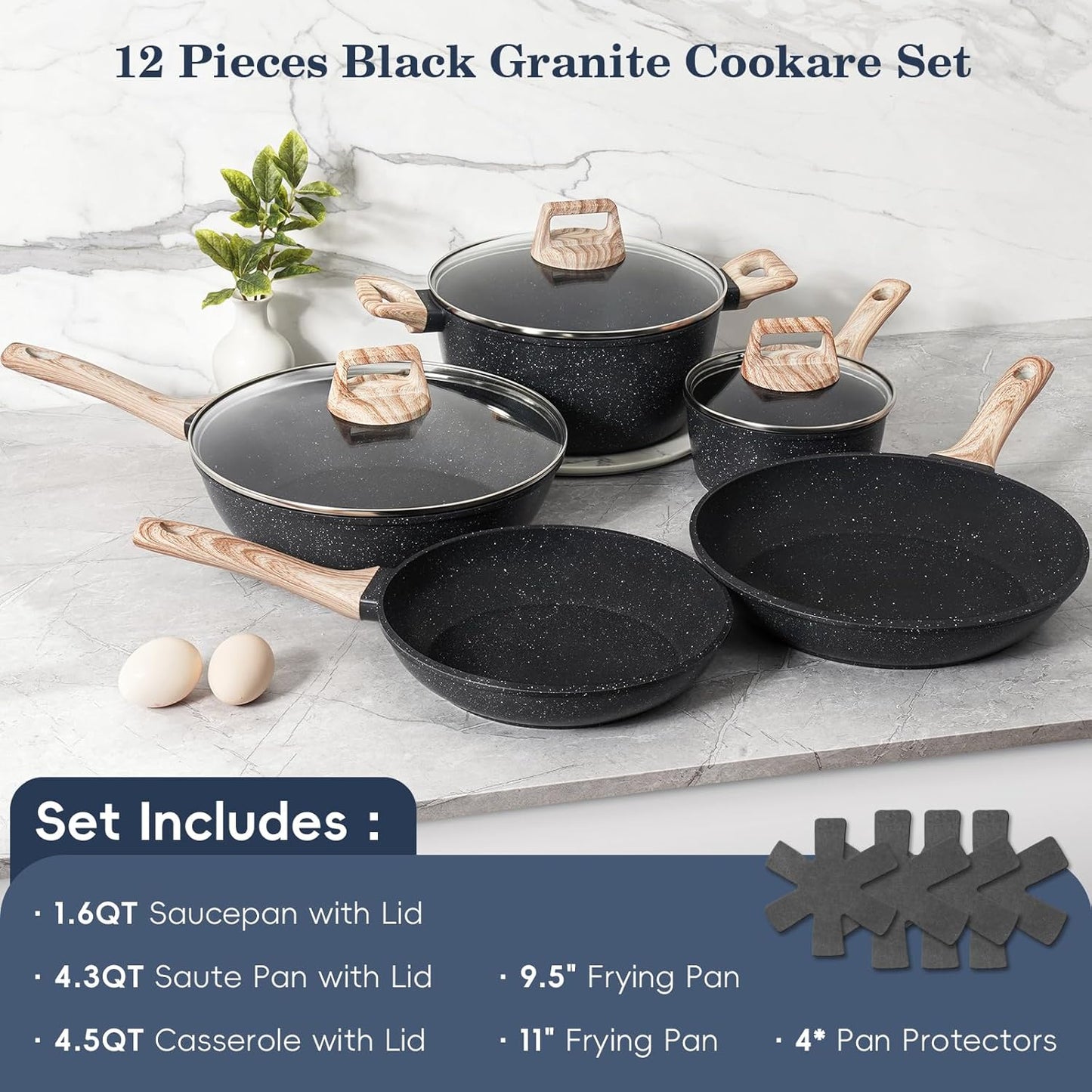 SODAY Pots and Pans Set Non Stick, 12Pcs Black Granite Induction Cookware | PFAS/PFOA/PFOS Free, Healthy Nonstick Kitchen Cookware Sets, Includes Fry Pans & Saucepans.
