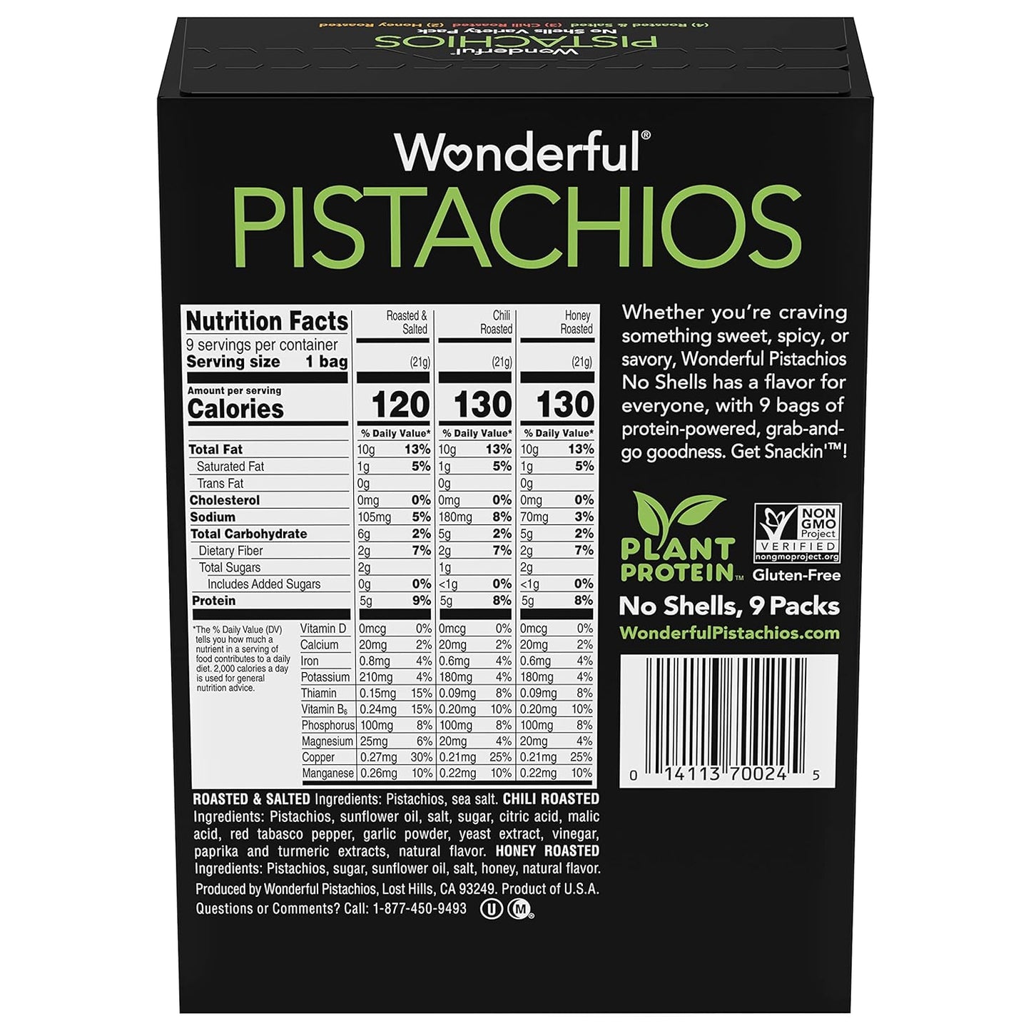 Wonderful No Shells Pistachios 3 Flavors Variety Pack Roasted Salted Chili Honey 9 x 0.75 Ounce Gluten Free Healthy Snacks