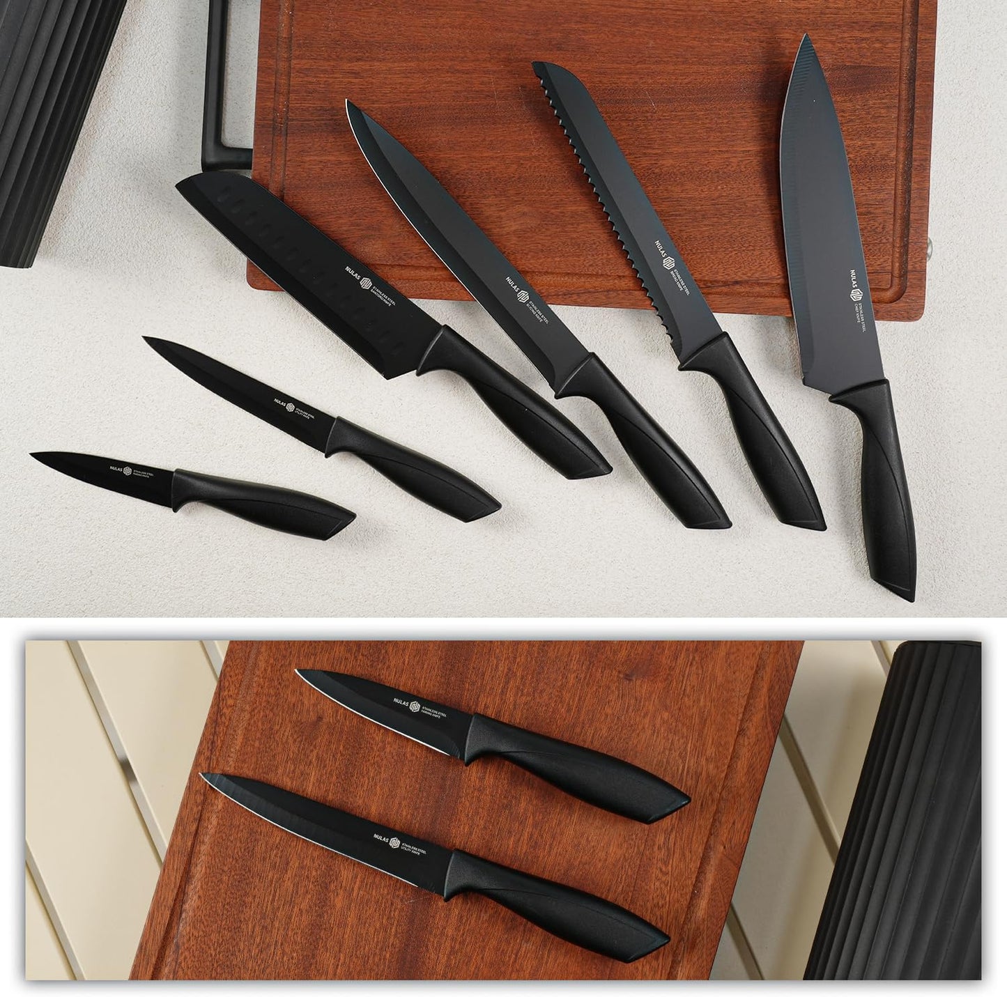 Knife Set, 8-Piece Kitchen Knife Set with Universal Block - Anti-Rust Chef Knives, Ergonomic Design, Dishwasher Safe (Black)
