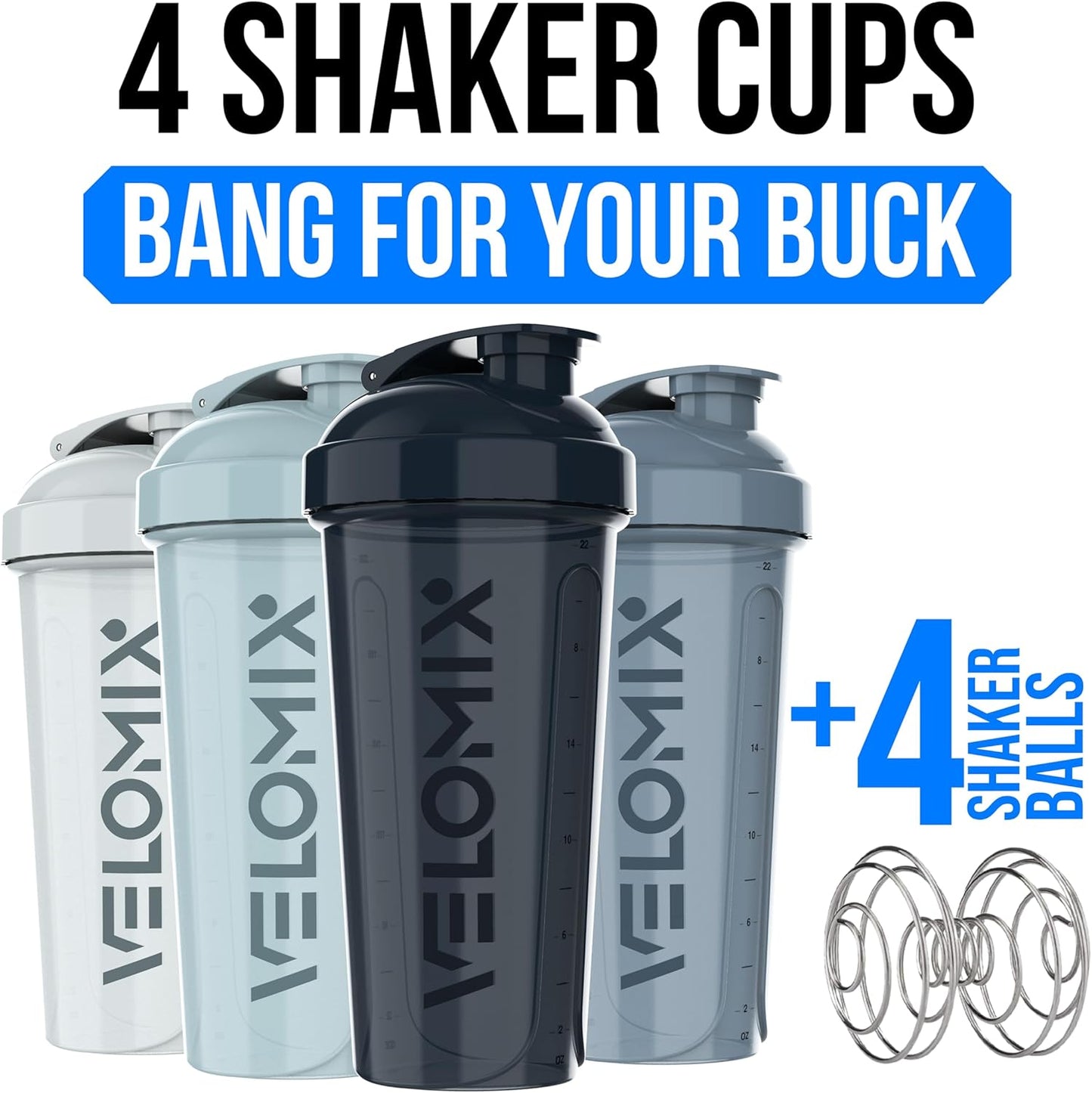 VELOMIX 28 Oz Protein Shaker Bottle, 4-Pack, Leak-Proof, Dishwasher Safe