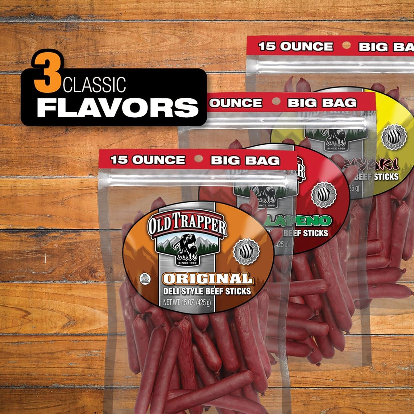 Old Trapper Original Deli-Style Beef Sticks, 15-Ounce Package, Perfect for On-the-Go Snacking