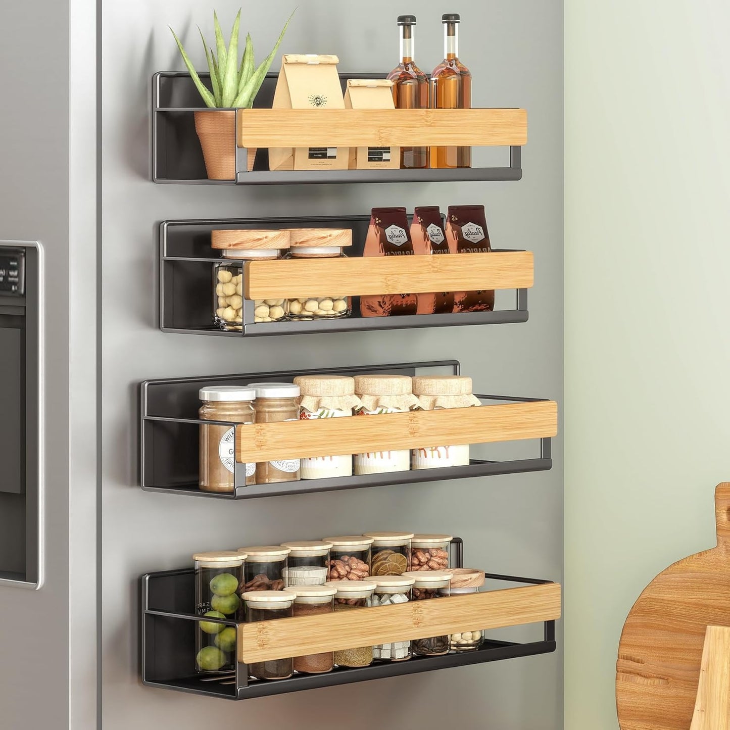 SONGMICS 4-Pack Strong Magnetic Real Bamboo Spice Racks for Fridge | Kitchen Magnetic Shelves for Washing Machine, Spice Organizers, No Drilling Needed, Ink Black UKCS062BH01