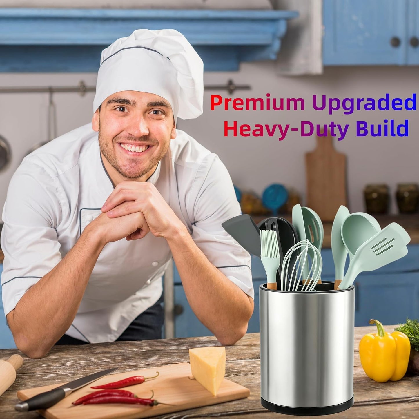 Kitchen Utensil Holder,Extra Large 360°Rotating For Countertop Organizer | Stainless Steel Storage,Hold 40 Utensils,Cooking Silverware Caddy 3 Compartment Spoon Spatula Tool Container(Silvery)
