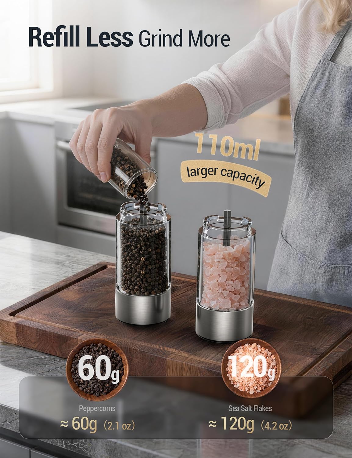 ThermoMaven Upgraded Larger Capacity Electric Salt and Pepper Grinder Set, 110ml Rechargeable Salt and Pepper Shaker with LED Light, Stainless Steel Automatic Pepper Mill with 6 Adjustable Coarseness