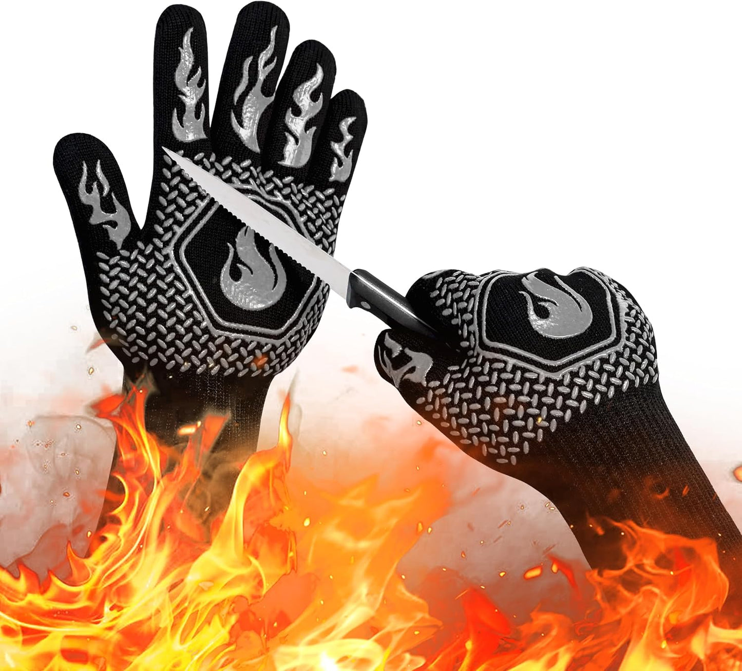 BBQ Gloves 1472F Heat Resistant Non-Slip Silicone 13.8in (Red) | Grill Cut-Resistant, Oven Kitchen Safe for Barbecue, Cooking, Frying, Oven Mitts