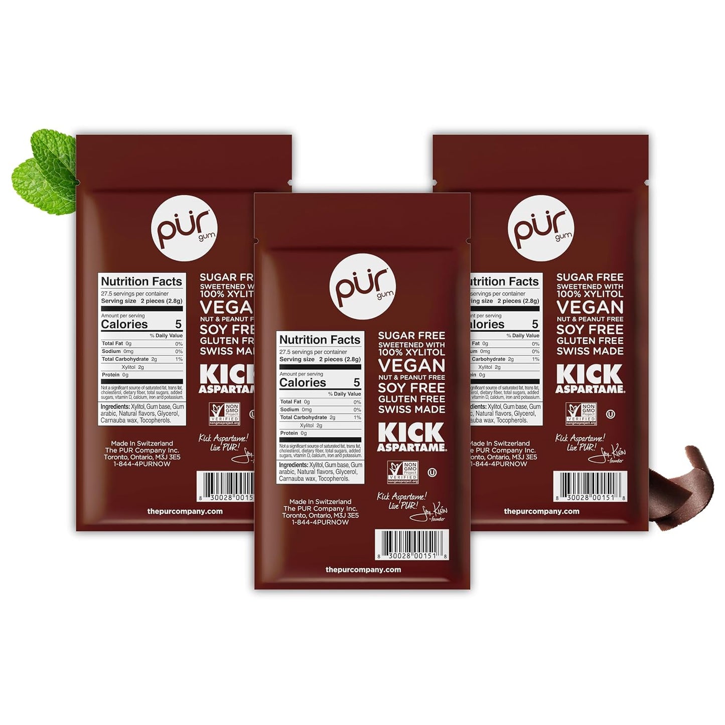 PUR Gum | Aspartame Free Chewing Gum | 100% Xylitol | Natural Chocolate Mint Flavored Gum, 55 Pieces (Pack of 3)