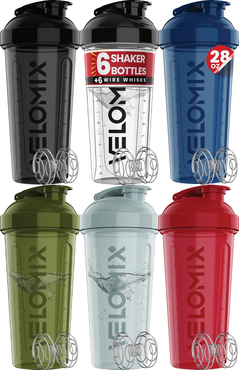 VELOMIX 28oz Protein Shaker Bottle 6-Pack - Leak-Proof, Smooth Mixes