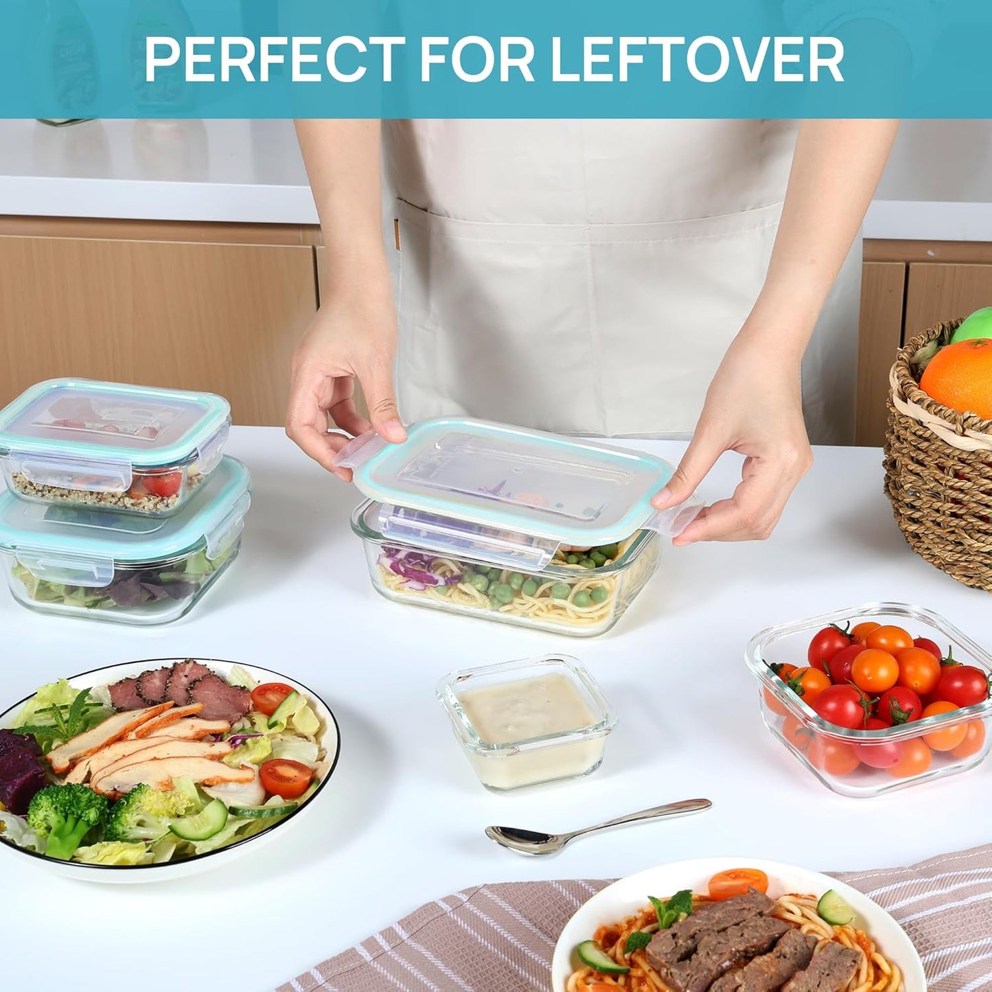 Vtopmart 8 Pack Glass Food Storage Containers with Airtight Lids | Meal Prep Lunch Containers, Leakproof, Leftover Storage, Take-out, Microwave, Oven, Freezer and Dishwasher Safe, BPA Free