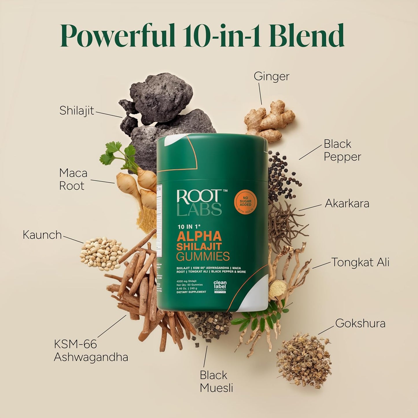ROOT LABS 10-in-1 Alpha Shilajit Gummies | 4000 mg Pure Himalayan Shilajit with Tongkat Ali & Maca Root | Shilajit for Men & Women | ShilAbsorb Bioavailability Tech | Sugar-Free, Vegan | 60 Gummies
