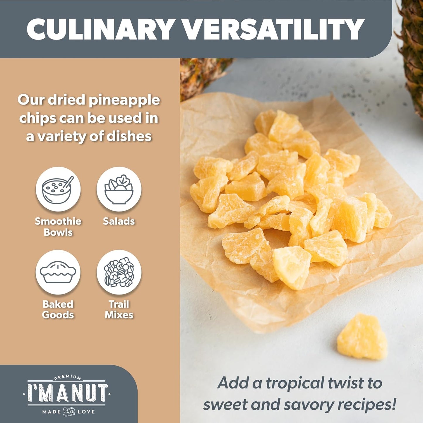Premium Dried Pineapple Chunks 16oz, Non-GMO, Gluten & Peanut Free, Ethically Sourced