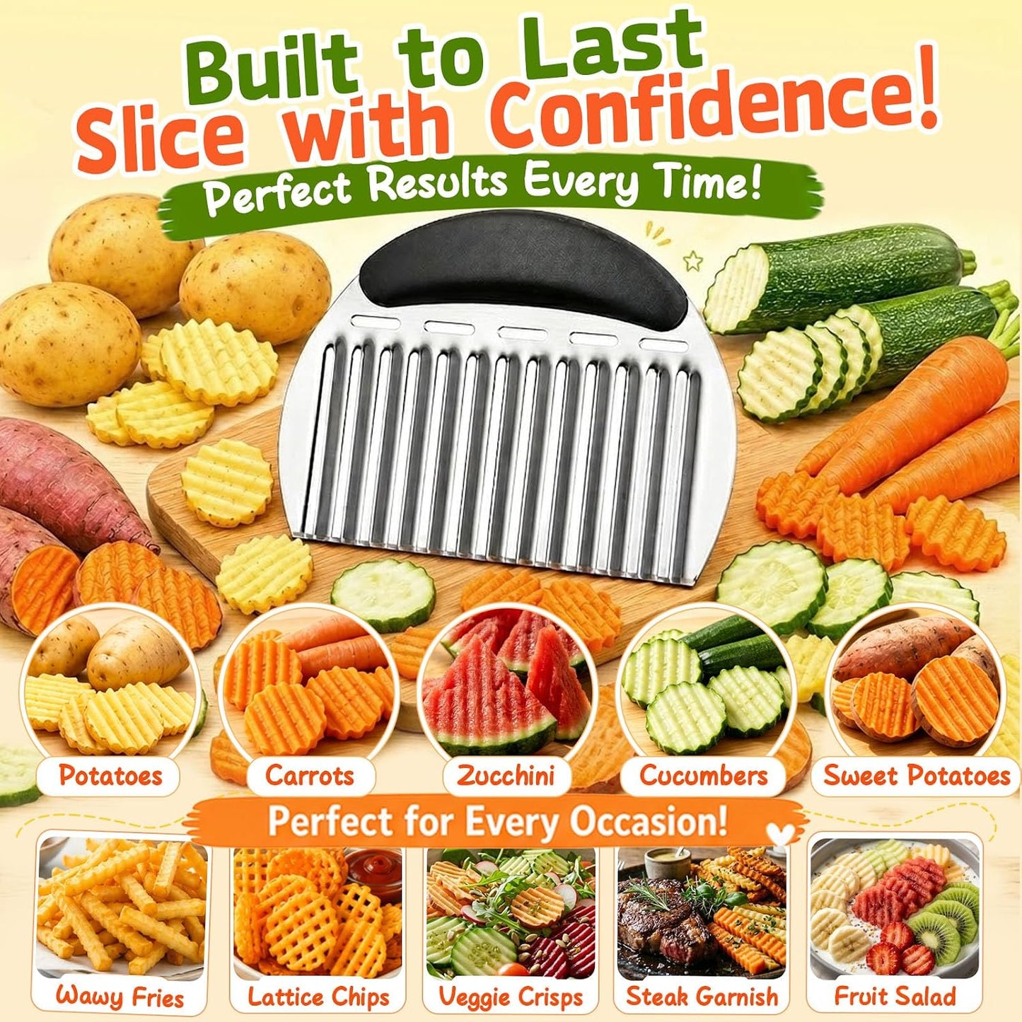 JAYVAR Large Crinkle Cutter French Fry Cutter, Stainless Steel Wavy Slicer | Large Crinkle Potato Slicer Wavy Chopper, Crinkle Cutting Chopping Tools with Handle