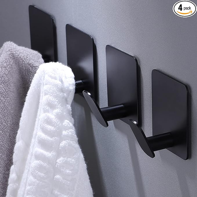 DELITON Adhesive Hooks - 4 Pack Towel/Coat Hooks Wall Hook Stick on Bathroom or Kitchen (Matte Black, Stainless Steel)