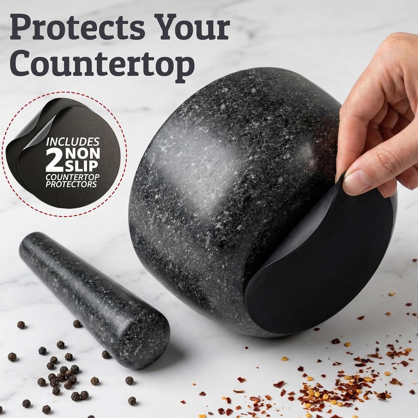 Priority Chef Heavy Duty Large 1.5 Cup Mortar and Pestle Set, 100% Natural Granite, 5.5 Inch Diameter Bowl, 6.2 Inch Pestle, Non-Slip Base, Stone Grinder for Guacamole Salsa Pesto Herbs Spices, Black