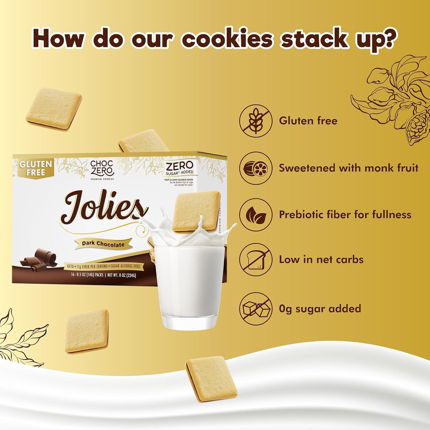 ChocZero Dark Chocolate Jolies Cookies, Sugar Free Chocolate Filled Cookies, Gluten Free, Keto, Low Carb, High Fiber, 8 oz Box