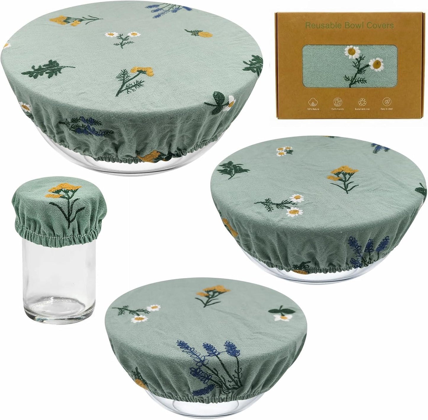 Reusable Bowl Covers (Set of 4) - Breathable Cotton Linen Sourdough Accessories - Elastic Durable Fabric Food Lids for Proofing Baskets & Bread Baking Supplies (Sage Green)