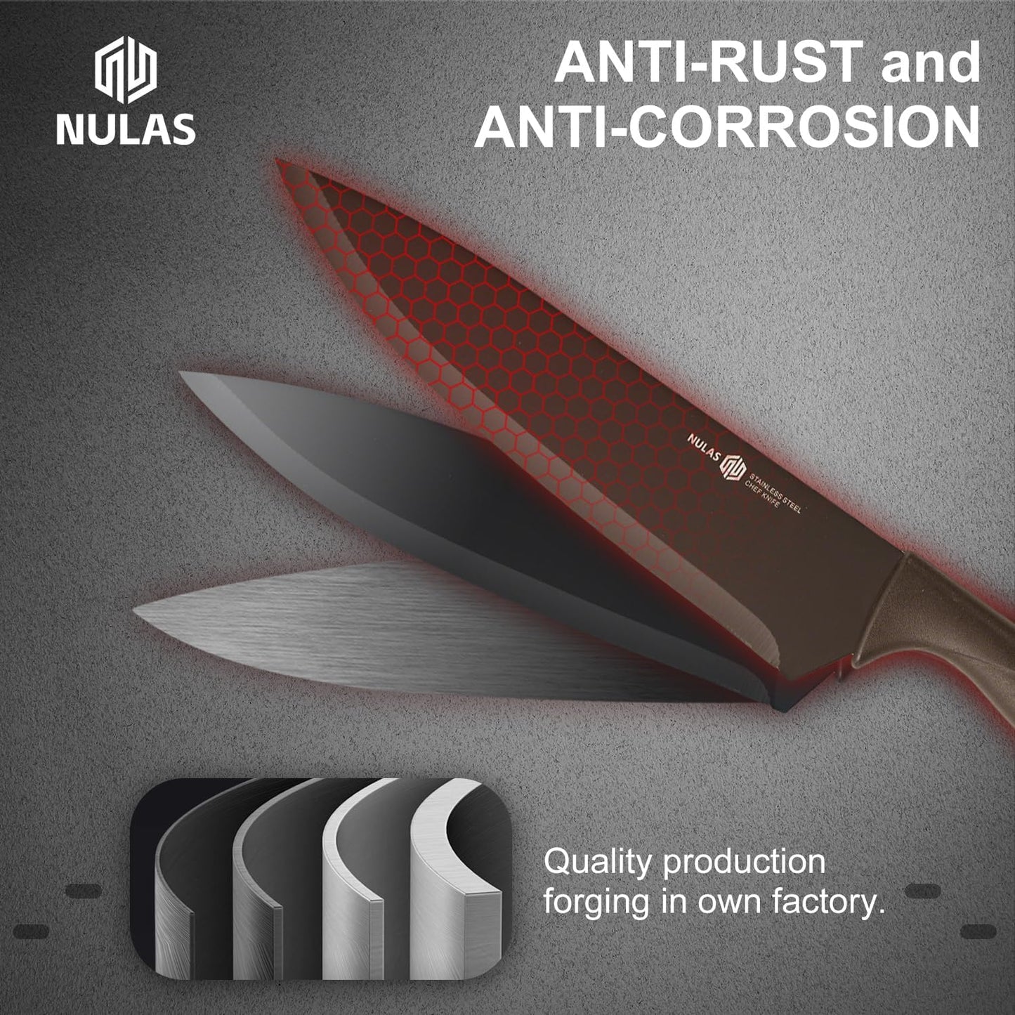 Knife Set, 8-Piece Kitchen Knife Set with Universal Block - Anti-Rust Chef Knives, Ergonomic Design, Dishwasher Safe (Black)