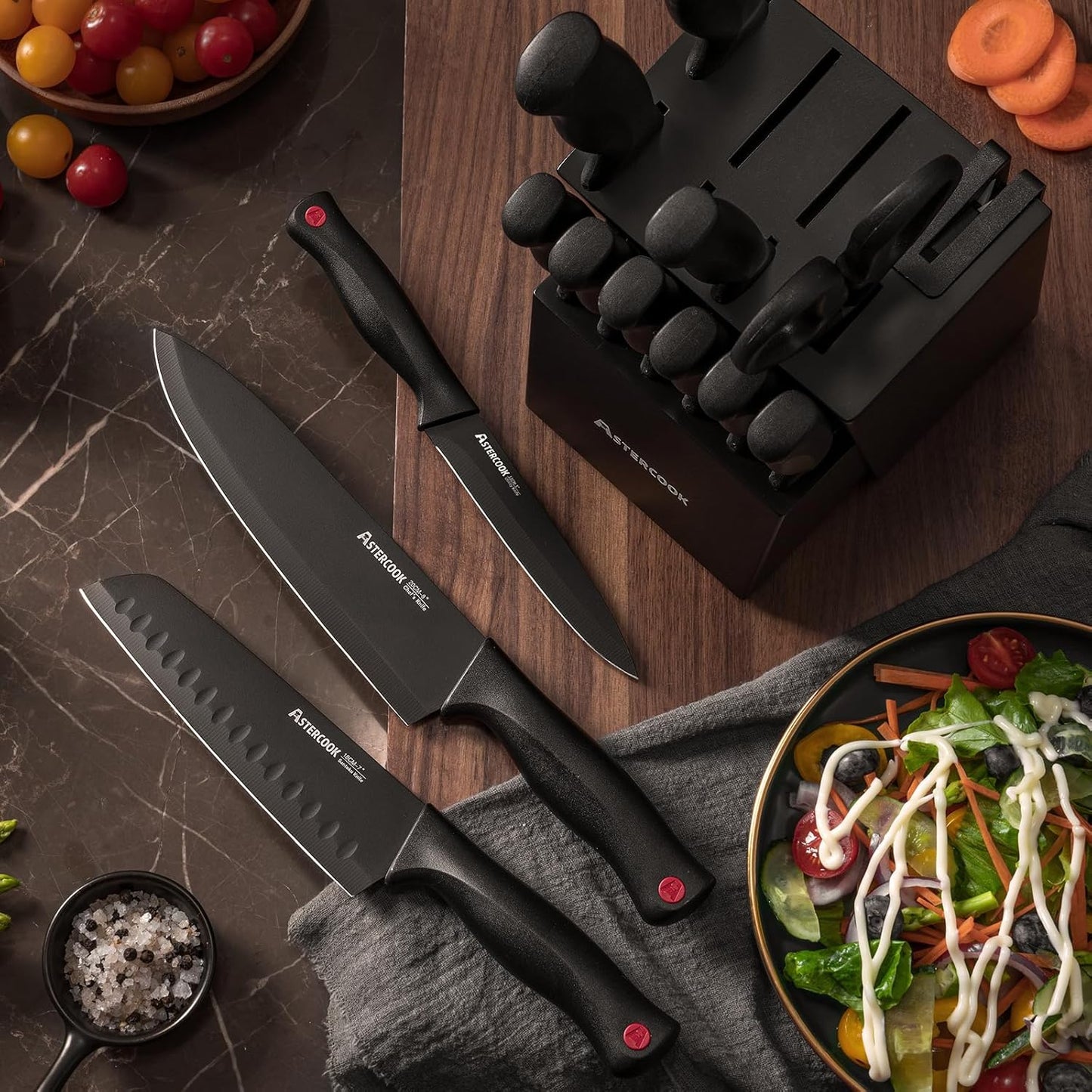 Astercook Knife Set for Kitchen with Block and Sharpener 15pcs German | Stainless Steel Kitchen Utensils Set Dishwasher Safe