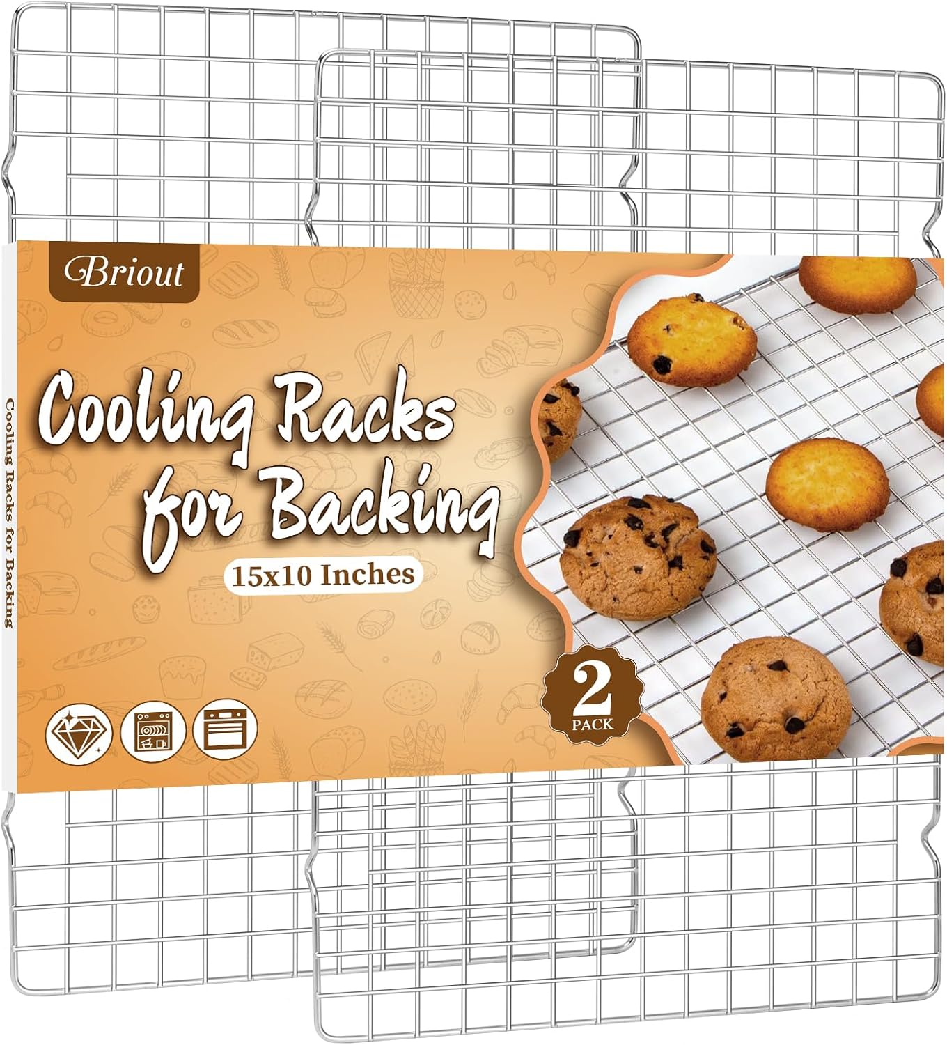 Cooling Rack for Baking 2-Pack, 16x10 Inches Baking Rack, Thick Wire Cookie Rack for Cooking, Roasting, Grilling, Drying, Oven Safe, Fits Half Sheet Pan, Silver