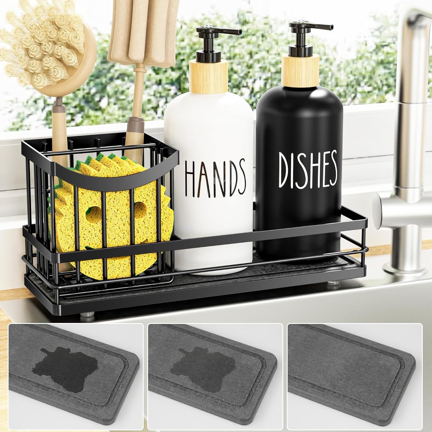Moforoco Kitchen Dish Soap Dispenser Set, 16OZ Glass Bottle, Hand and Dish Soap Dispenser Set, Instant Dry Tray, Brush Holder with Smiley Face Sponge Holder (Black Tray+Black&White Bottle)